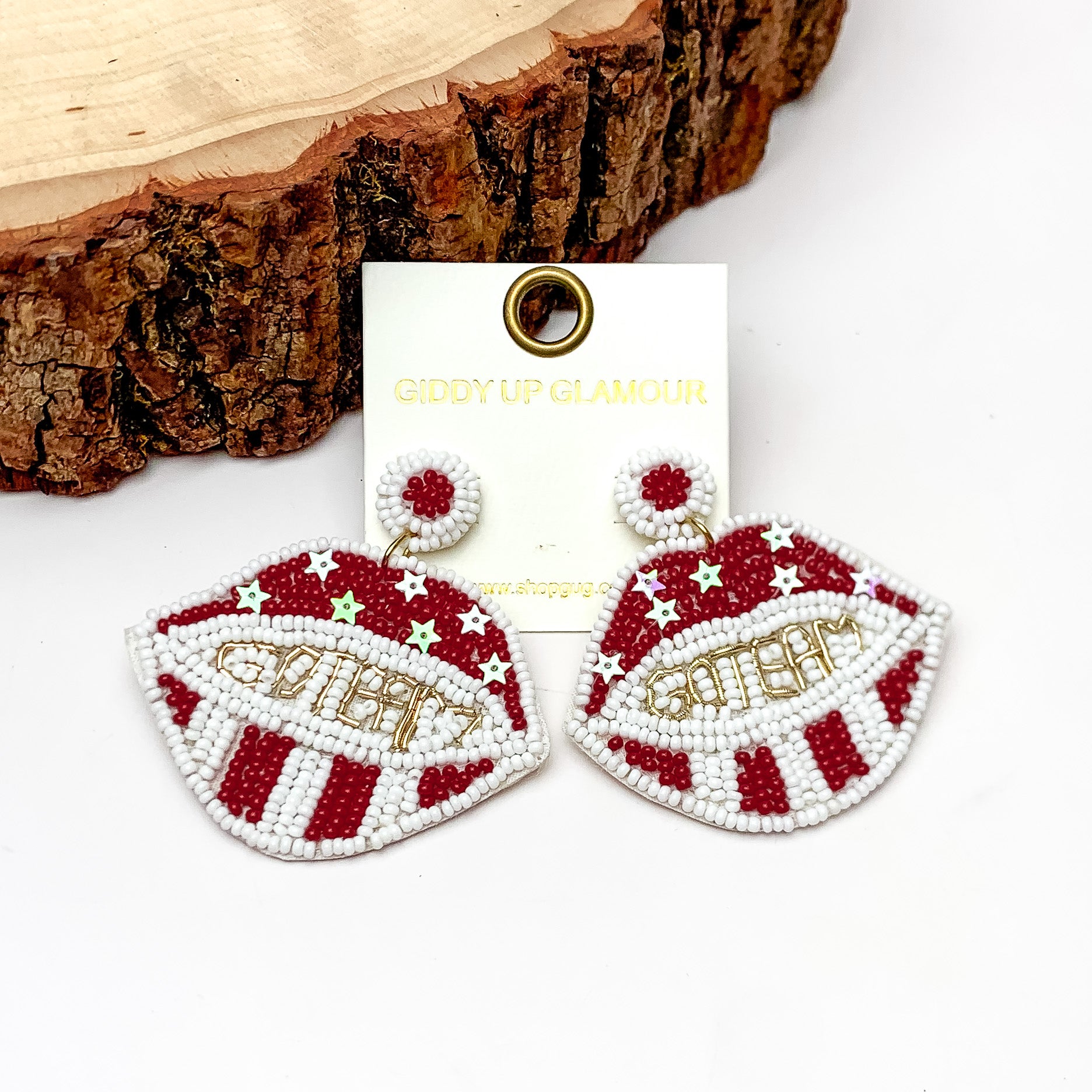 GO TEAM Beaded Lips Post Earrings in Maroon and White - Giddy Up Glamour Boutique