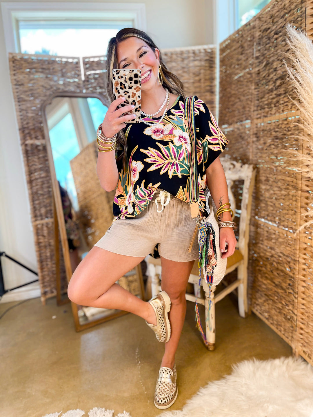 Island Oasis Tropical Floral Print Top in Black