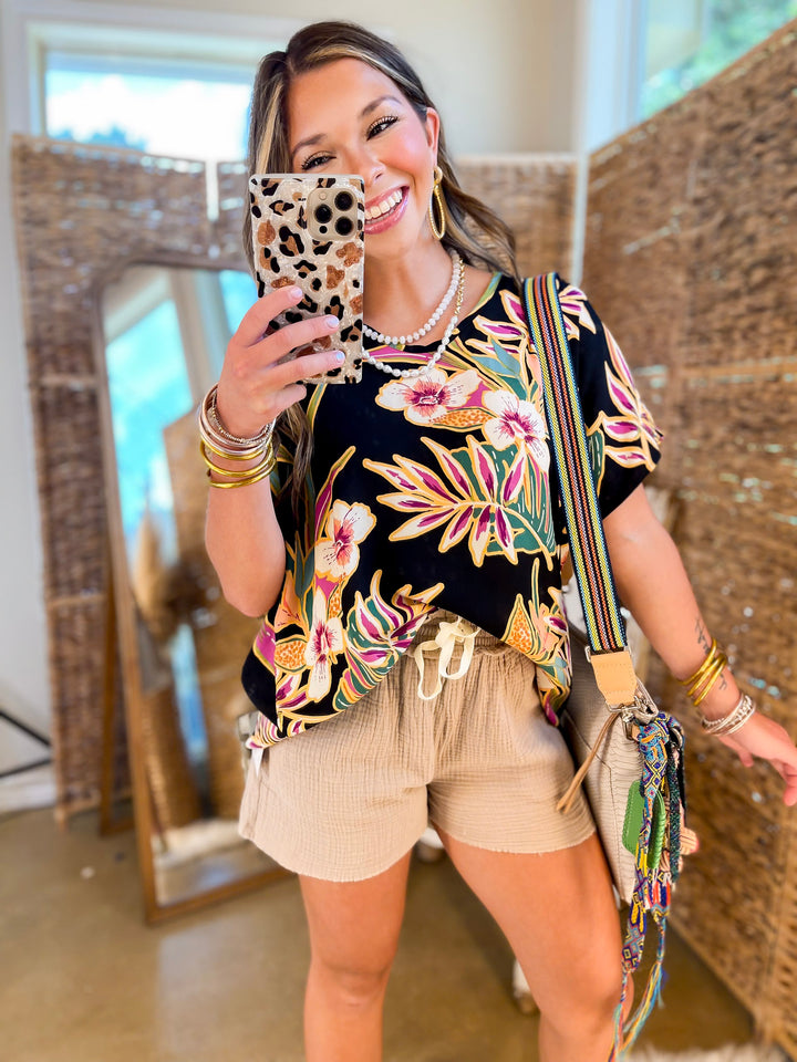 Island Oasis Tropical Floral Print Top in Black