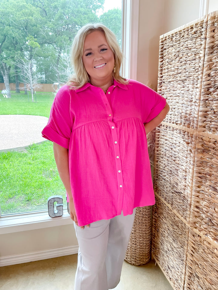 Vacation Vibes Collared Button Up Babydoll Top in Hot Pink - Giddy Up Glamour Boutique