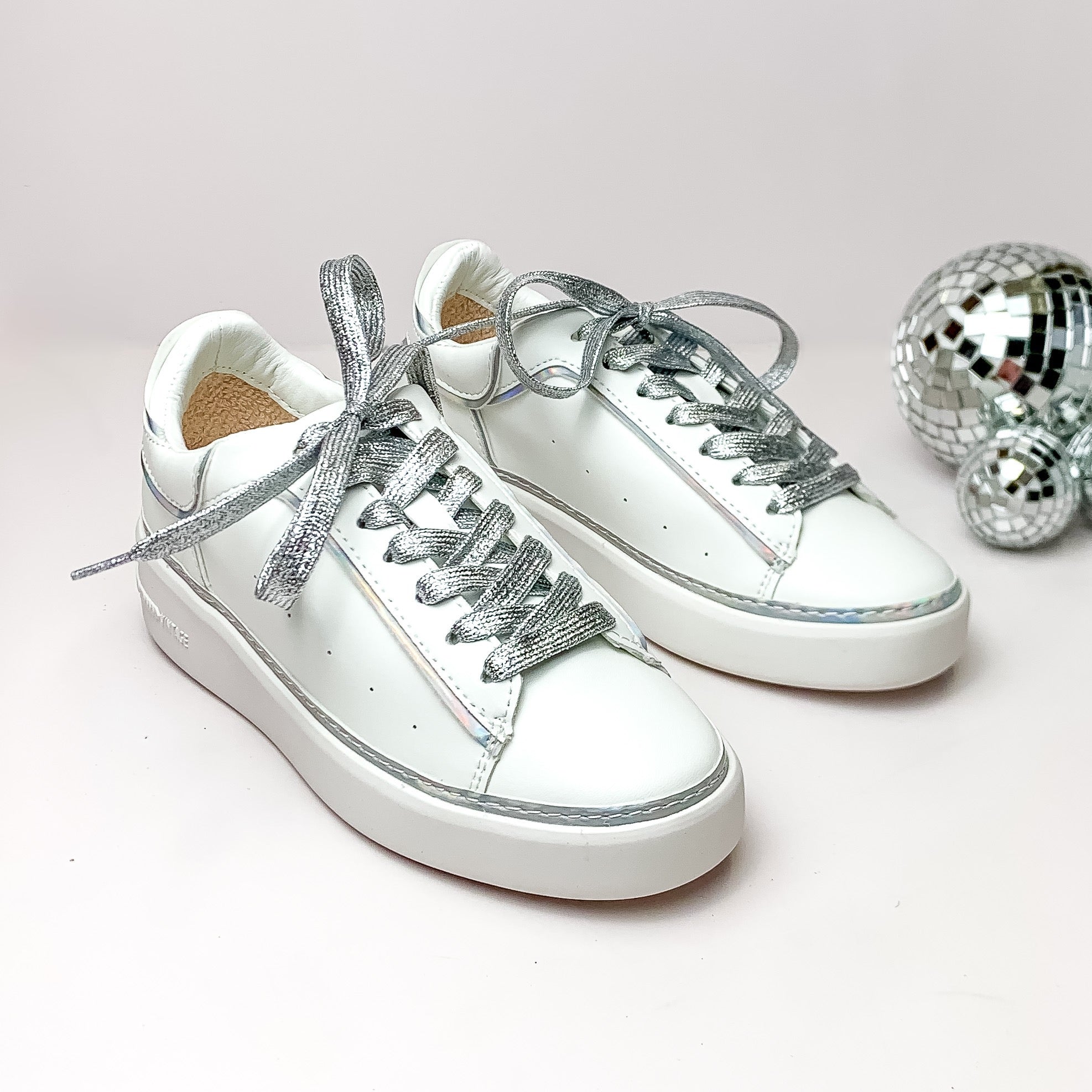 Vintage Havana | Reflection Sneakers with Silver Iridescent Outline in White - Giddy Up Glamour Boutique