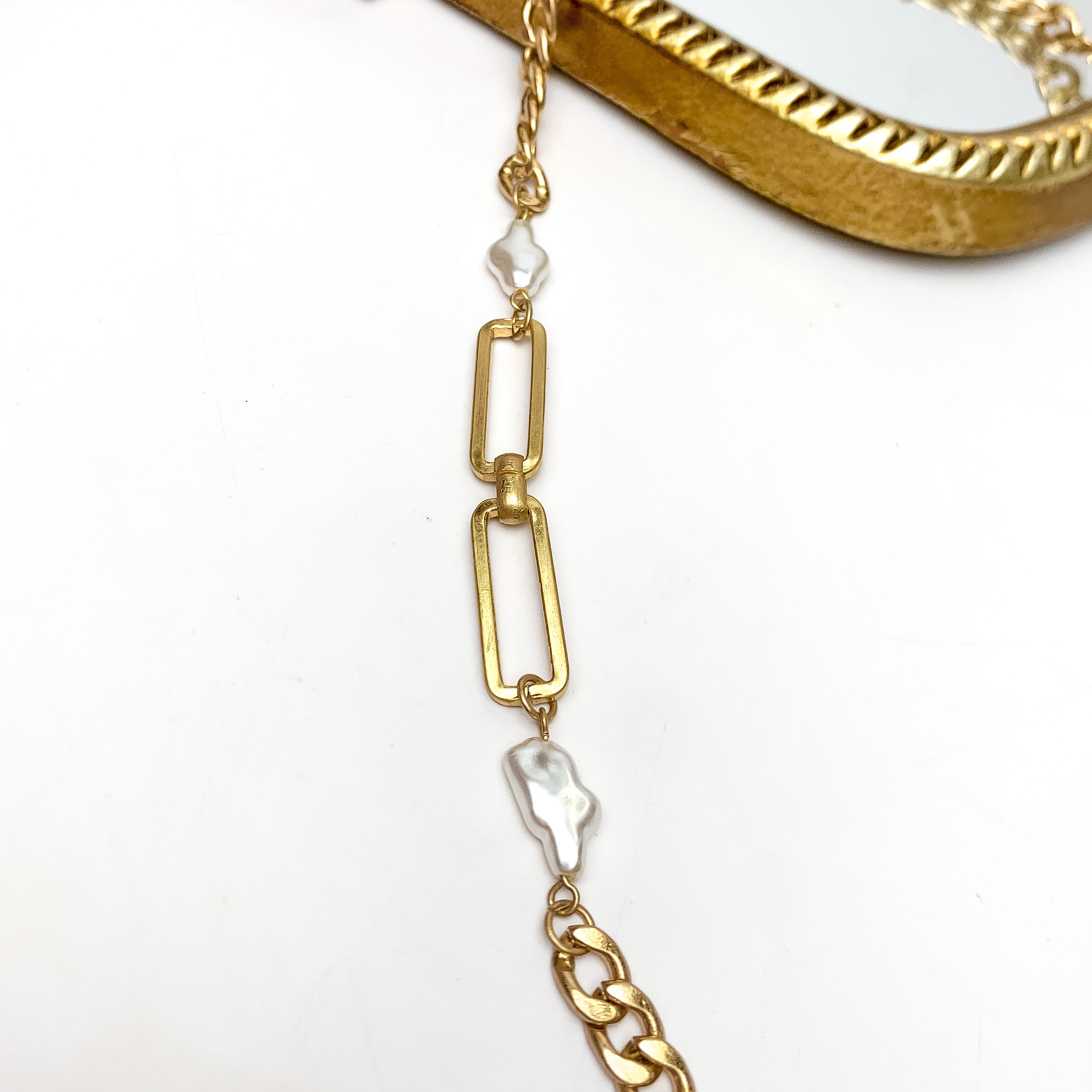 She's Pretty in Pearl Gold Tone Chain Necklace With Pearl Accents - Giddy Up Glamour Boutique