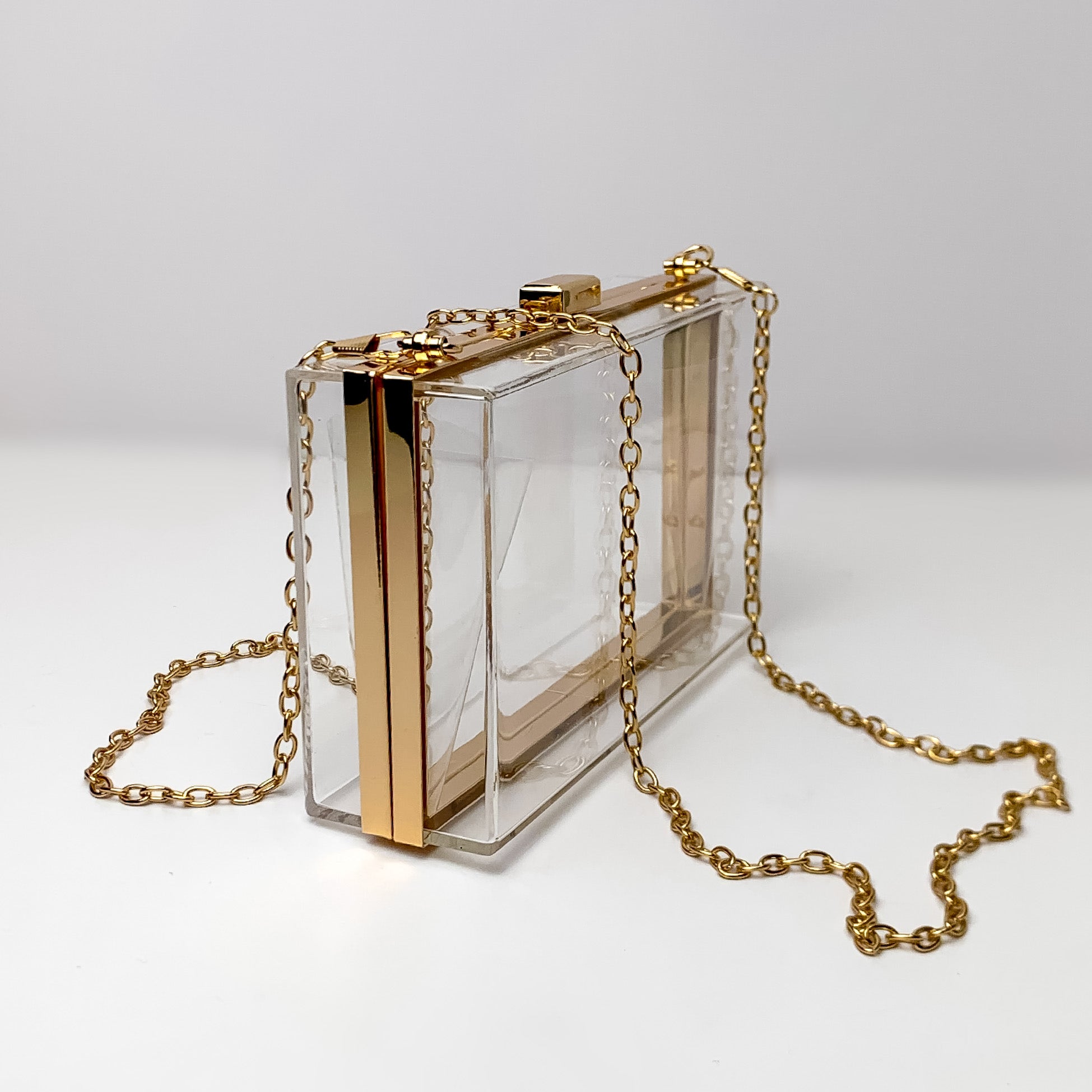 Clear Rectangle Crossbody Purse with Gold Chain Strap - Giddy Up Glamour Boutique