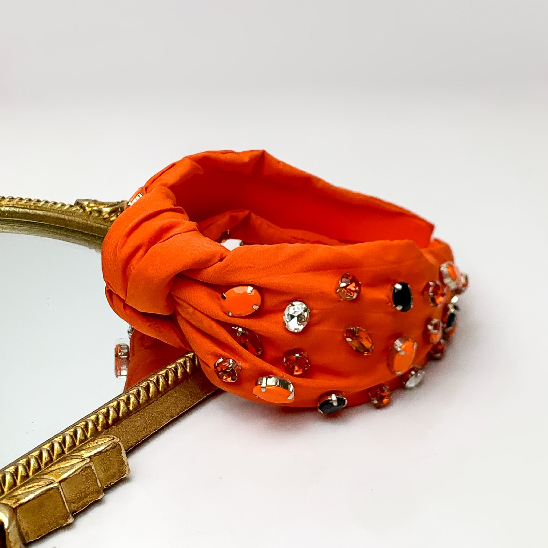 Multicolor Crystal Detailed Knot Headband in Orange