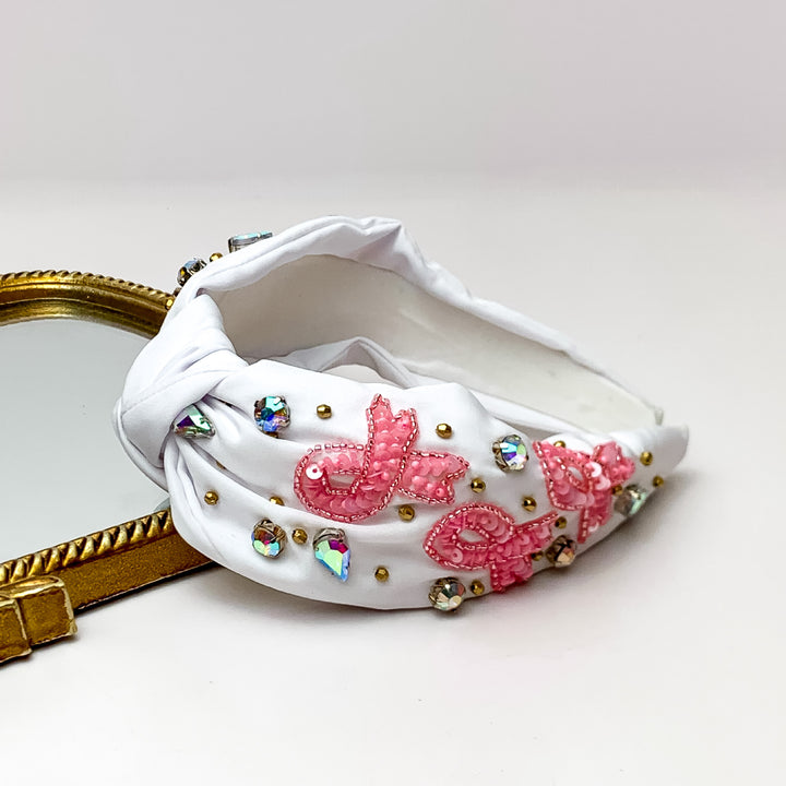AB Crystal Detailed Knot Headband with Pink Beaded Ribbons in White - Giddy Up Glamour Boutique