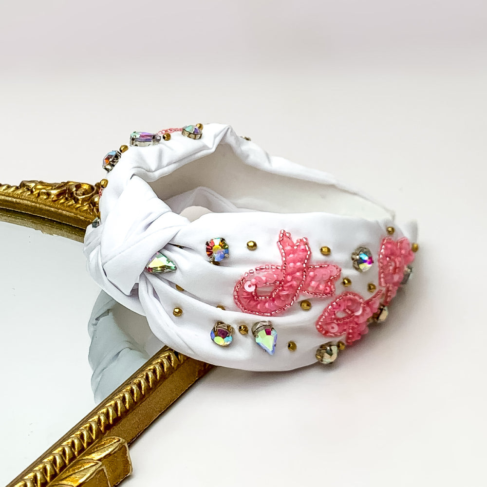 AB Crystal Detailed Knot Headband with Pink Beaded Ribbons in White - Giddy Up Glamour Boutique