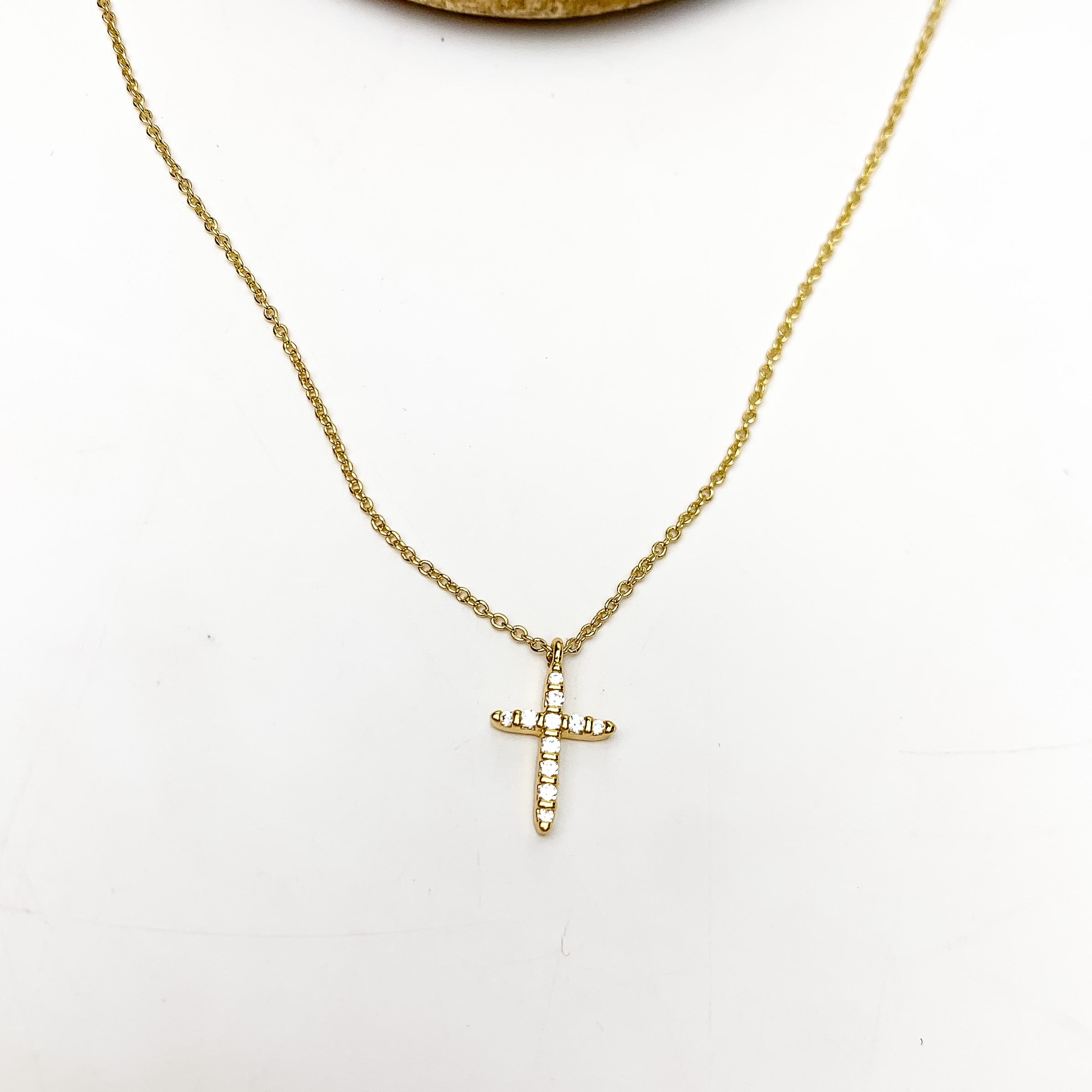 Gold Tone Glory Chain Necklace With Clear Crystal Cross - Giddy Up Glamour Boutique