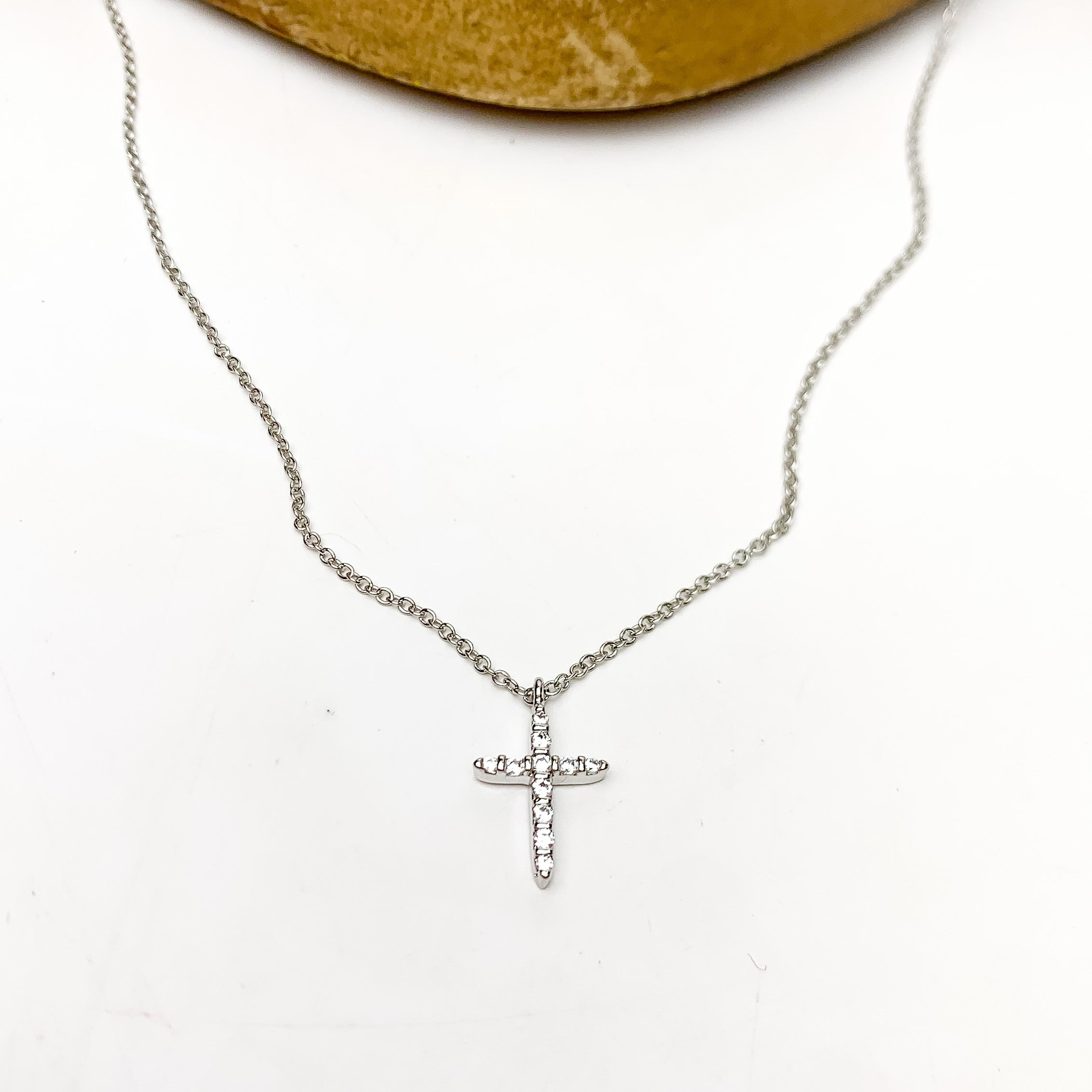 Silver Tone Glory Chain Necklace With Clear Crystal Cross - Giddy Up Glamour Boutique