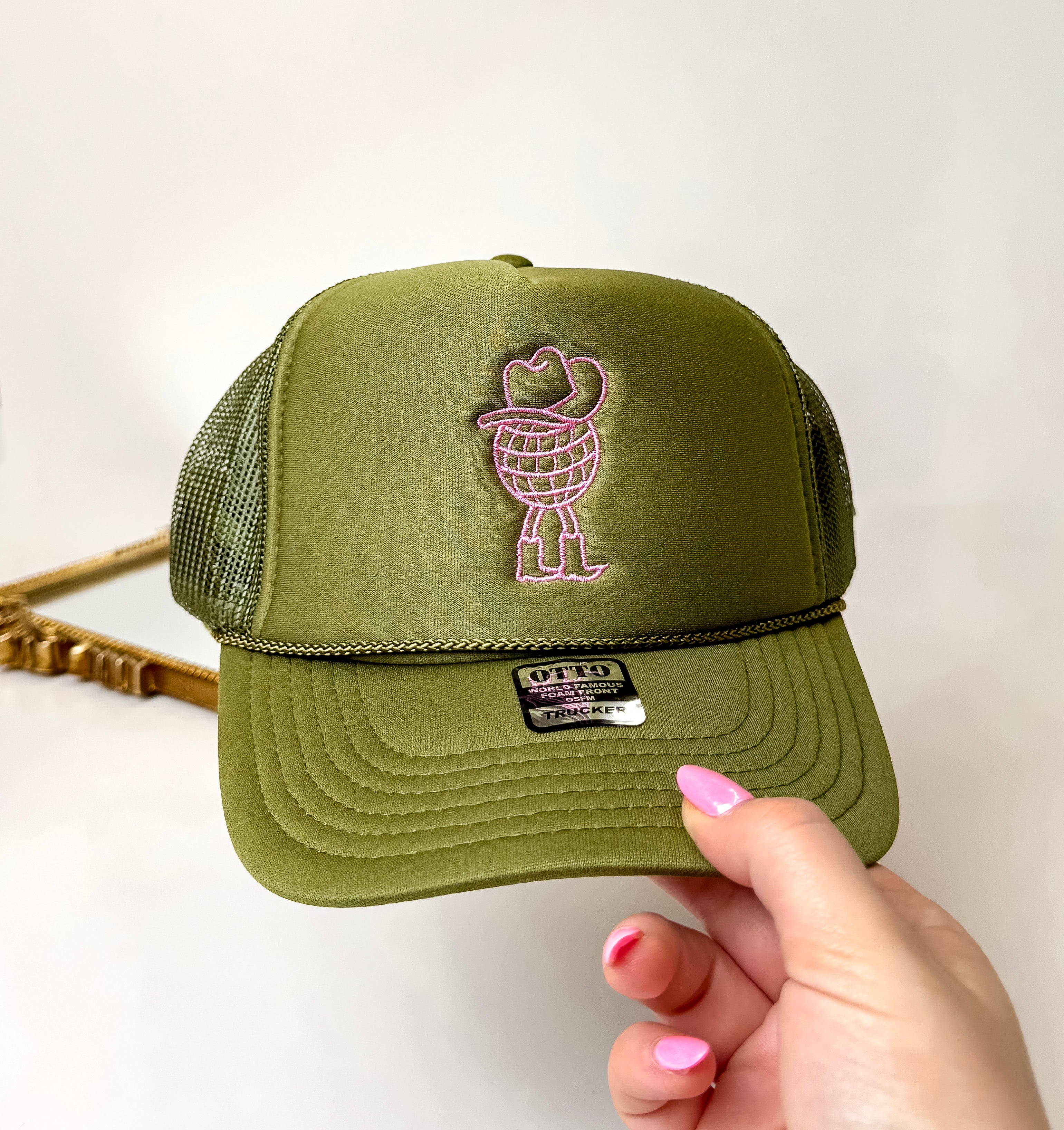 Cowgirl Disco Ball Foam Trucker Hat in Army Green and Pink - Giddy Up Glamour Boutique