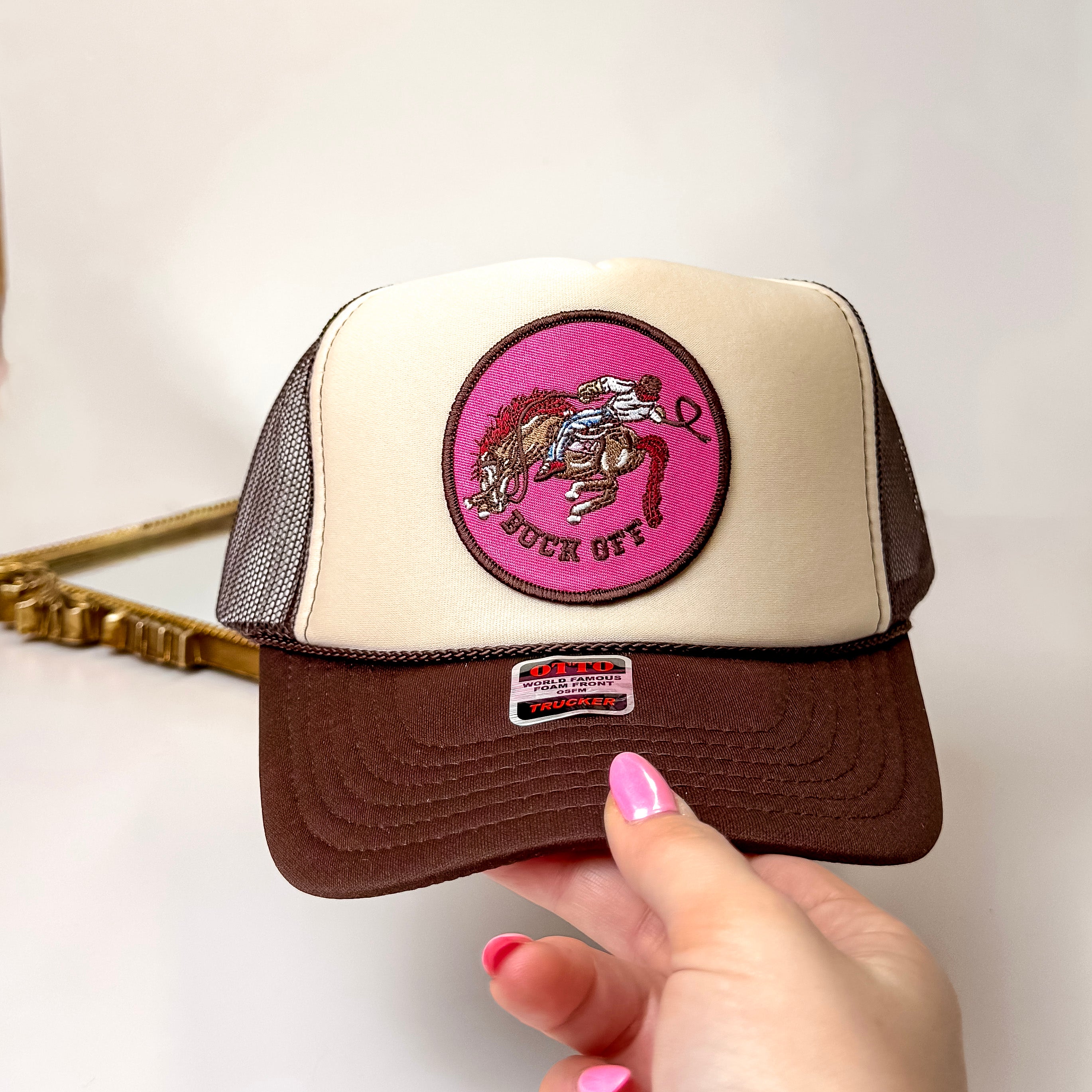 Buck Off Patch Foam Trucker Hat in Khaki and Brown - Giddy Up Glamour Boutique