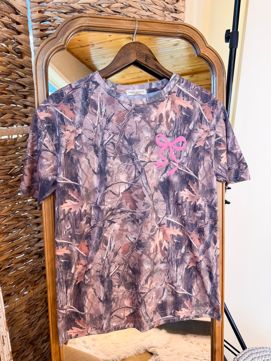 Simply Southern | Southern Belle Front &amp; Back Pink Bow Short Sleeve Graphic T-Shirt in Camouflage