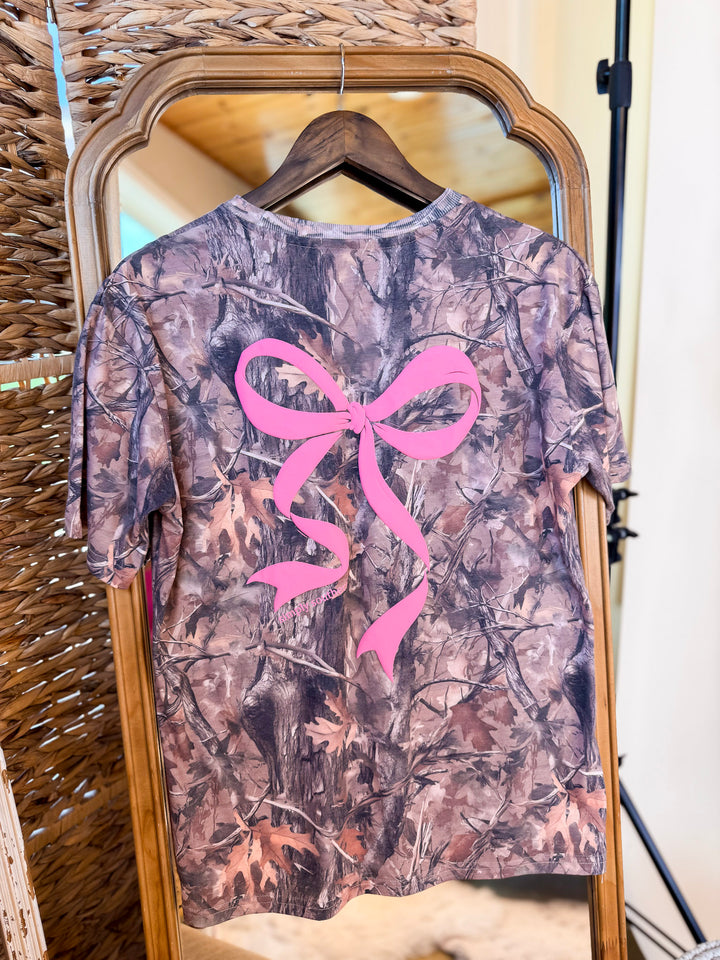 Simply Southern | Southern Belle Front &amp; Back Pink Bow Short Sleeve Graphic T-Shirt in Camouflage