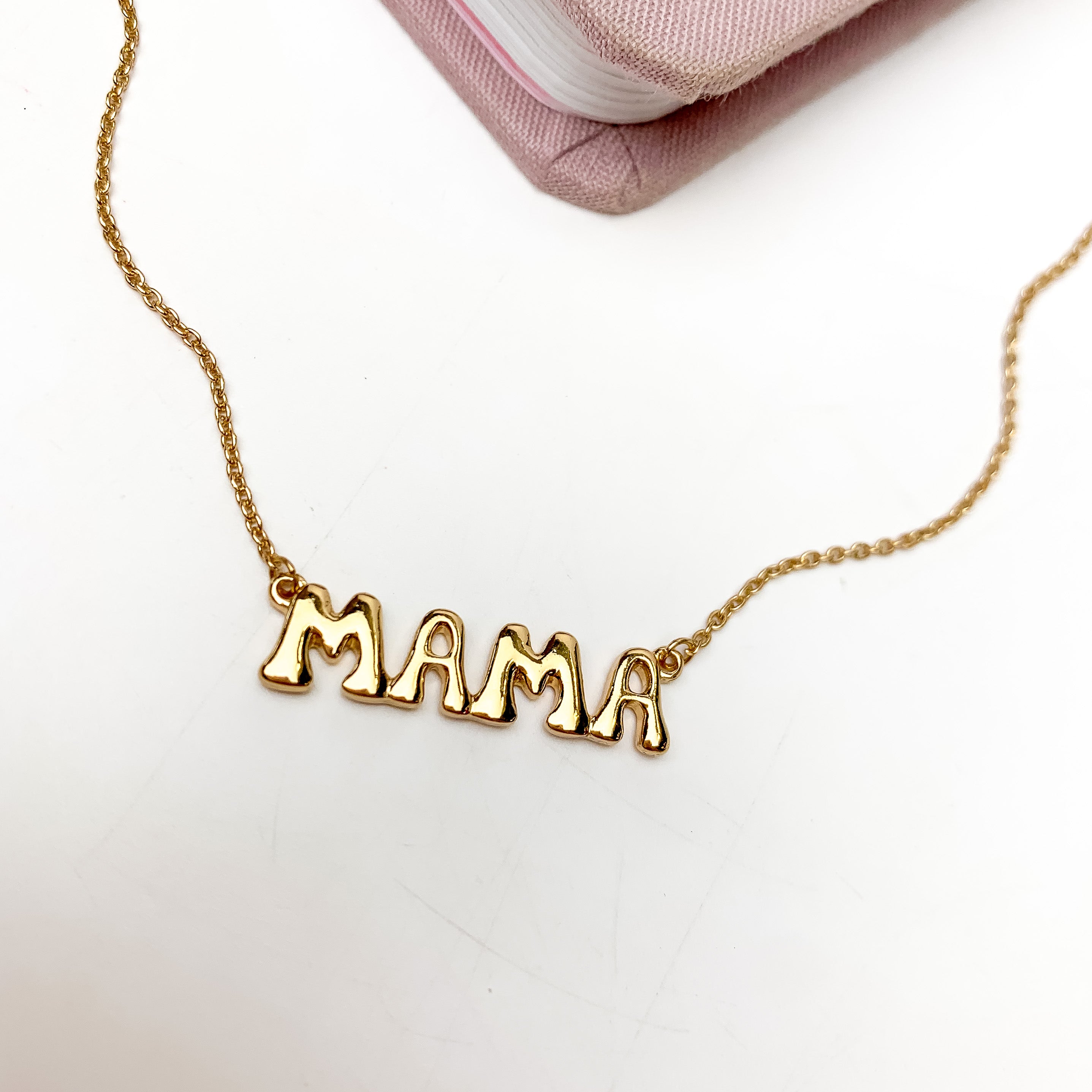 Mama Bubble Letter Chain Necklace in Gold Tone - Giddy Up Glamour Boutique