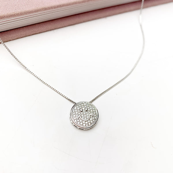 Silver Tone Chain Necklace With Clear Crystal Smiley Face