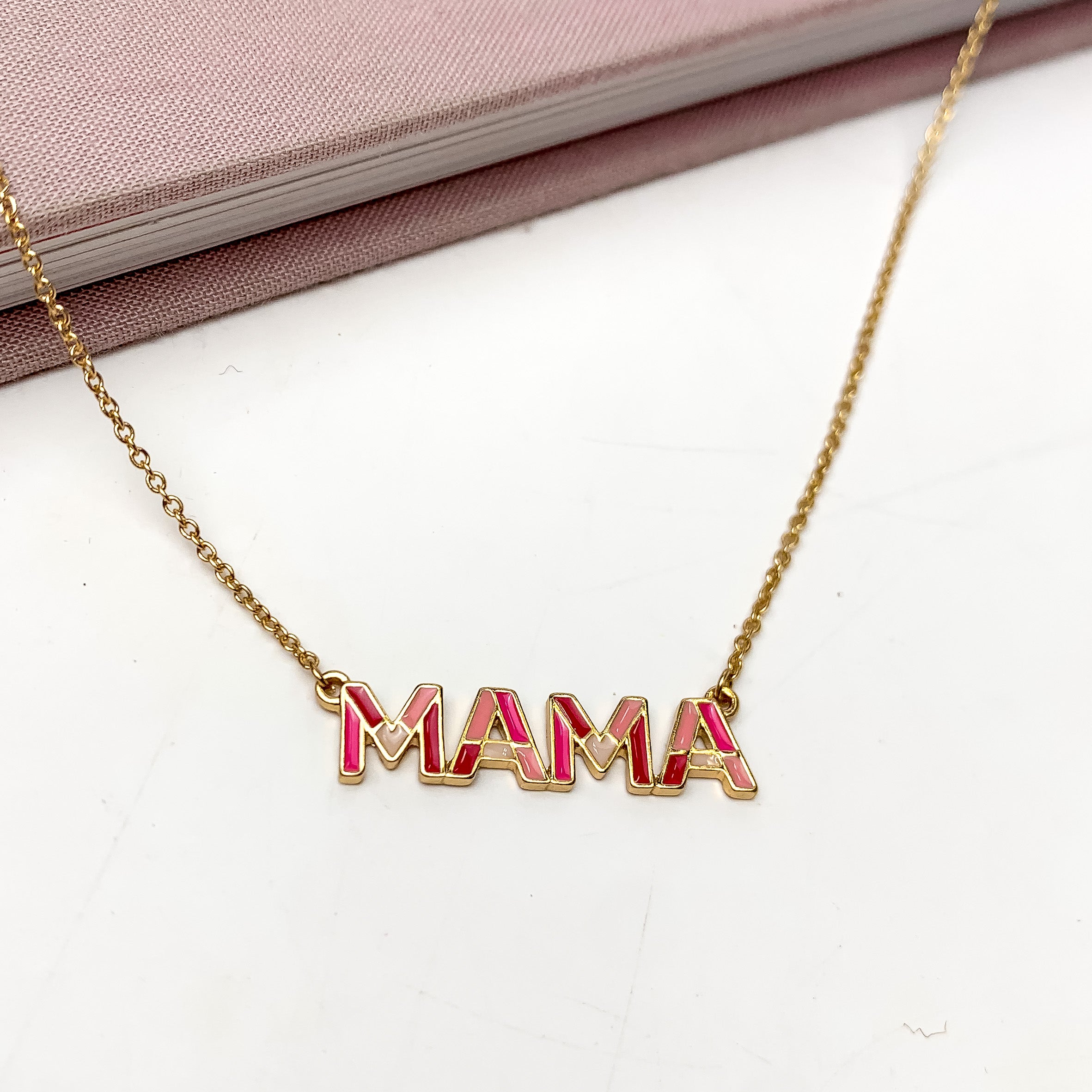 Mama Chain Necklace in Gold Tone With Pink Tones - Giddy Up Glamour Boutique