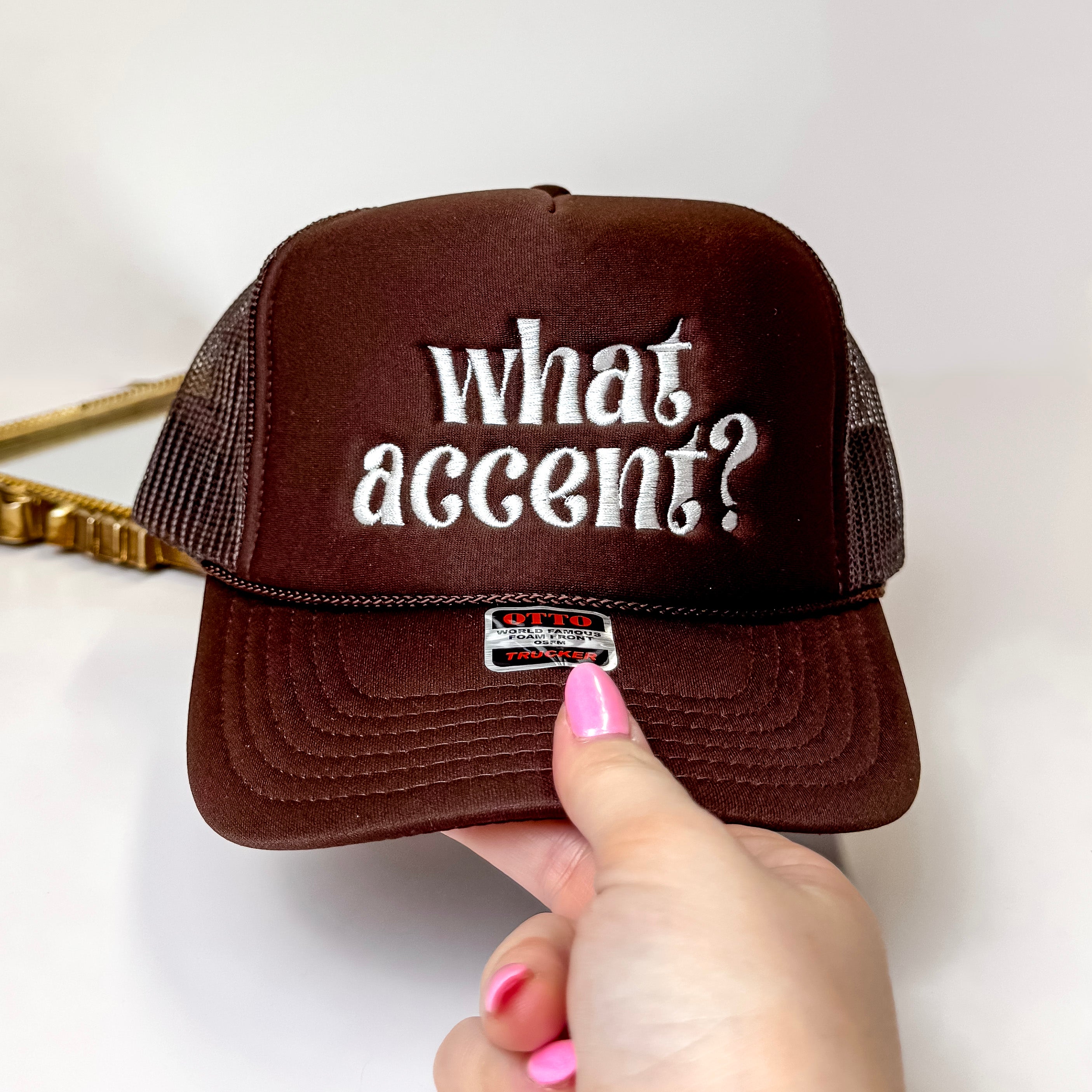 What Accent? Foam Trucker Hat in Brown - Giddy Up Glamour Boutique