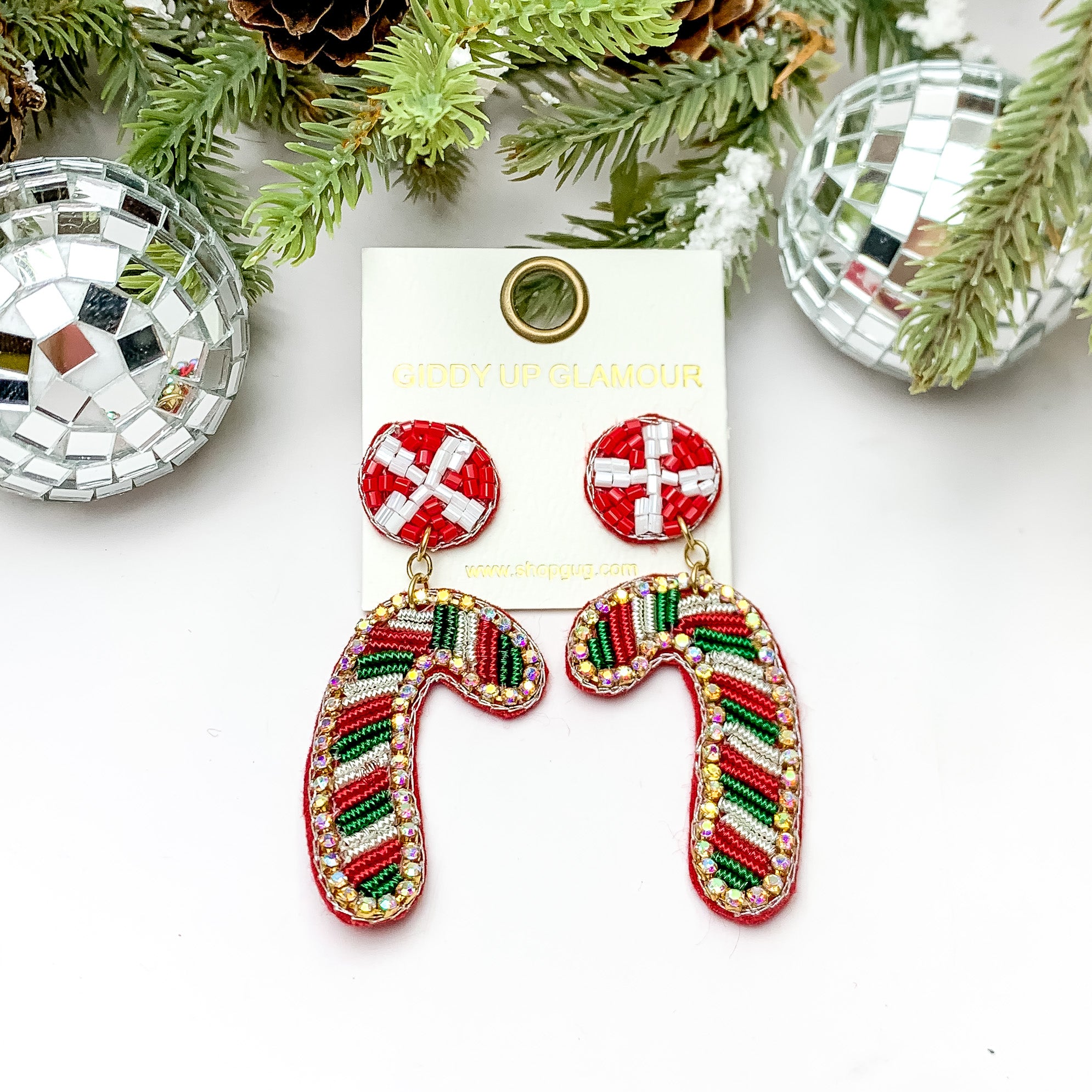 Candy Cane Drop Earrings with AB Crystal Outline in Red and Green - Giddy Up Glamour Boutique