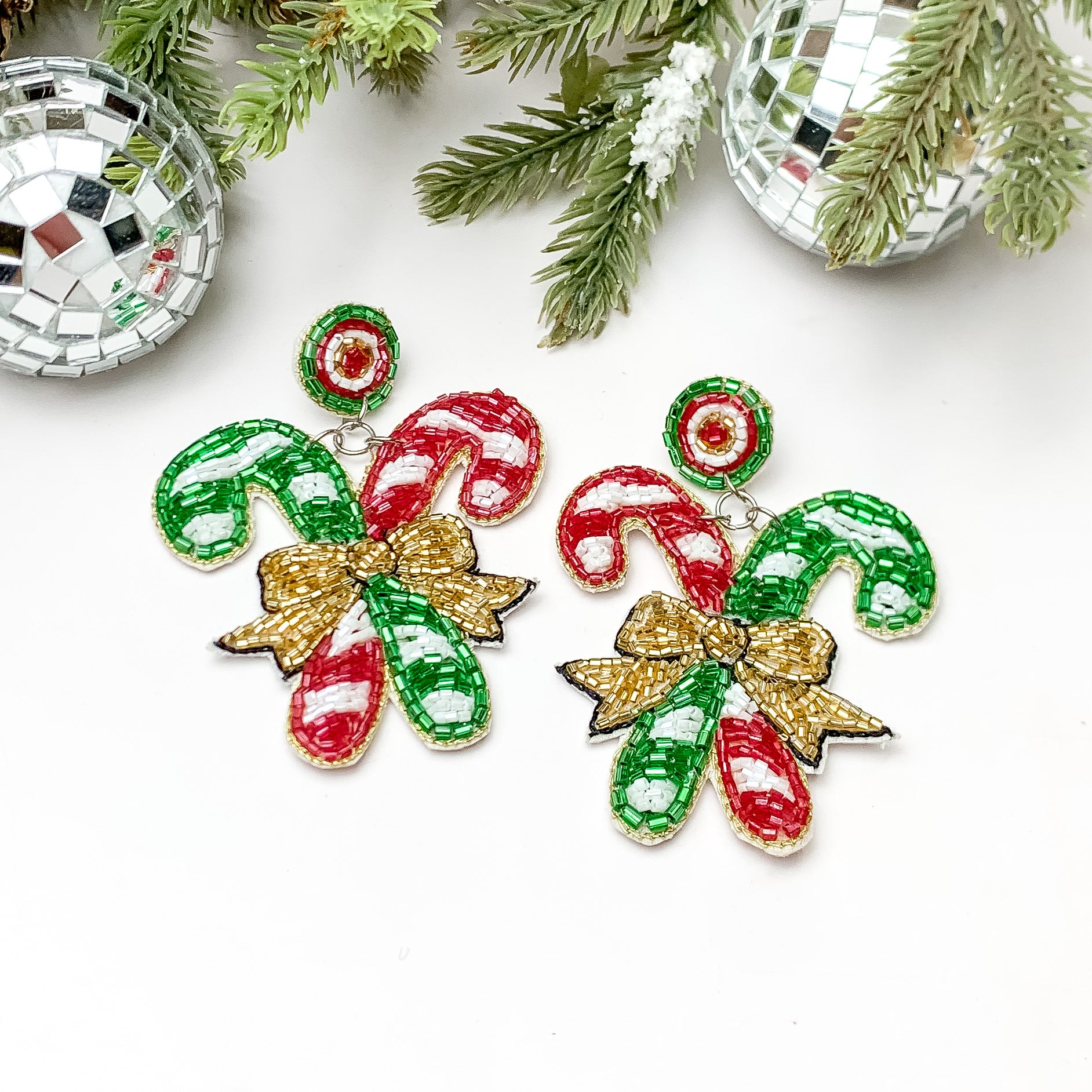 Beaded Candy Canes Earrings with Gold Tone Bow in Red and Green - Giddy Up Glamour Boutique