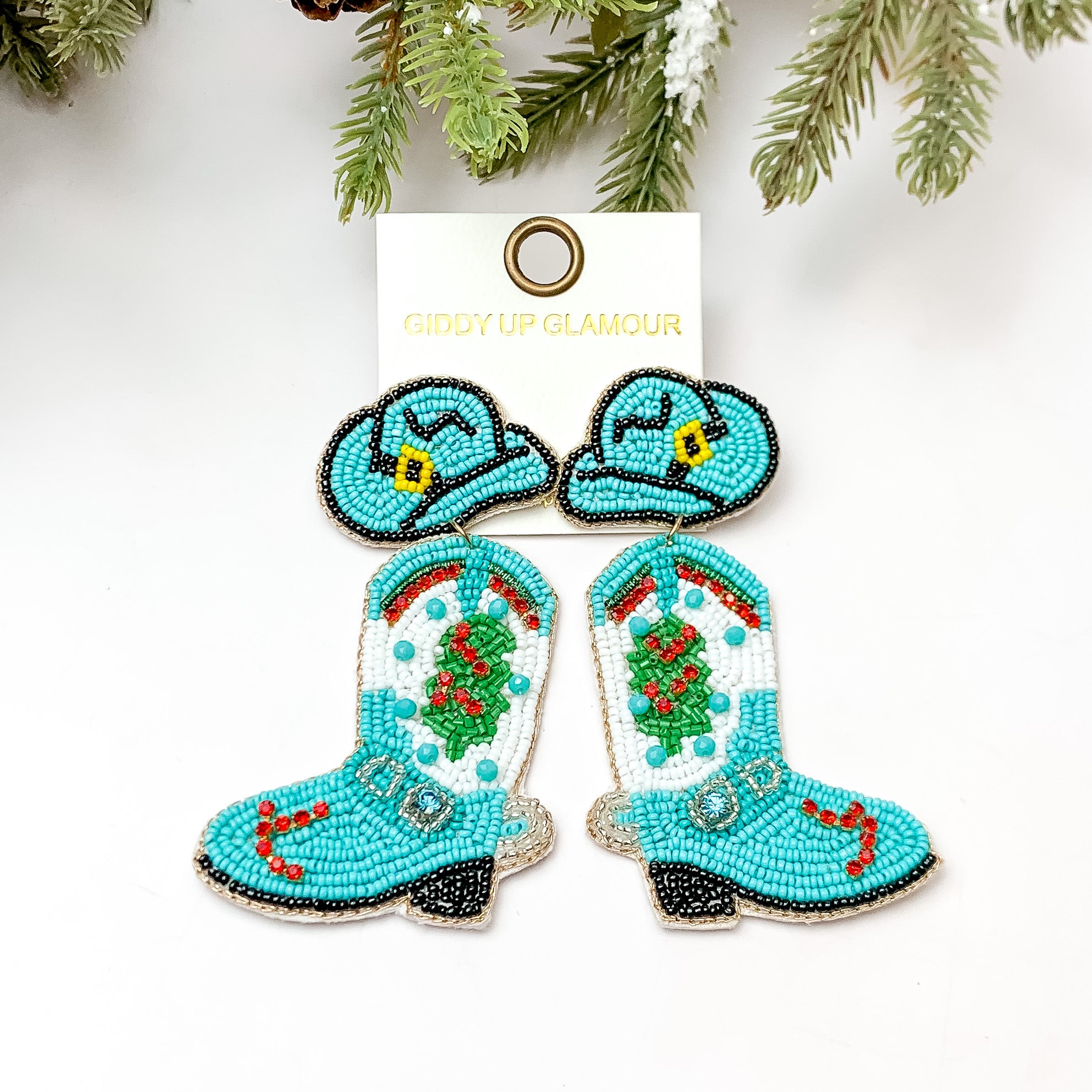 Beaded Cowboy Hat and Boot Earrings with a Christmas Tree in Turquoise Blue - Giddy Up Glamour Boutique