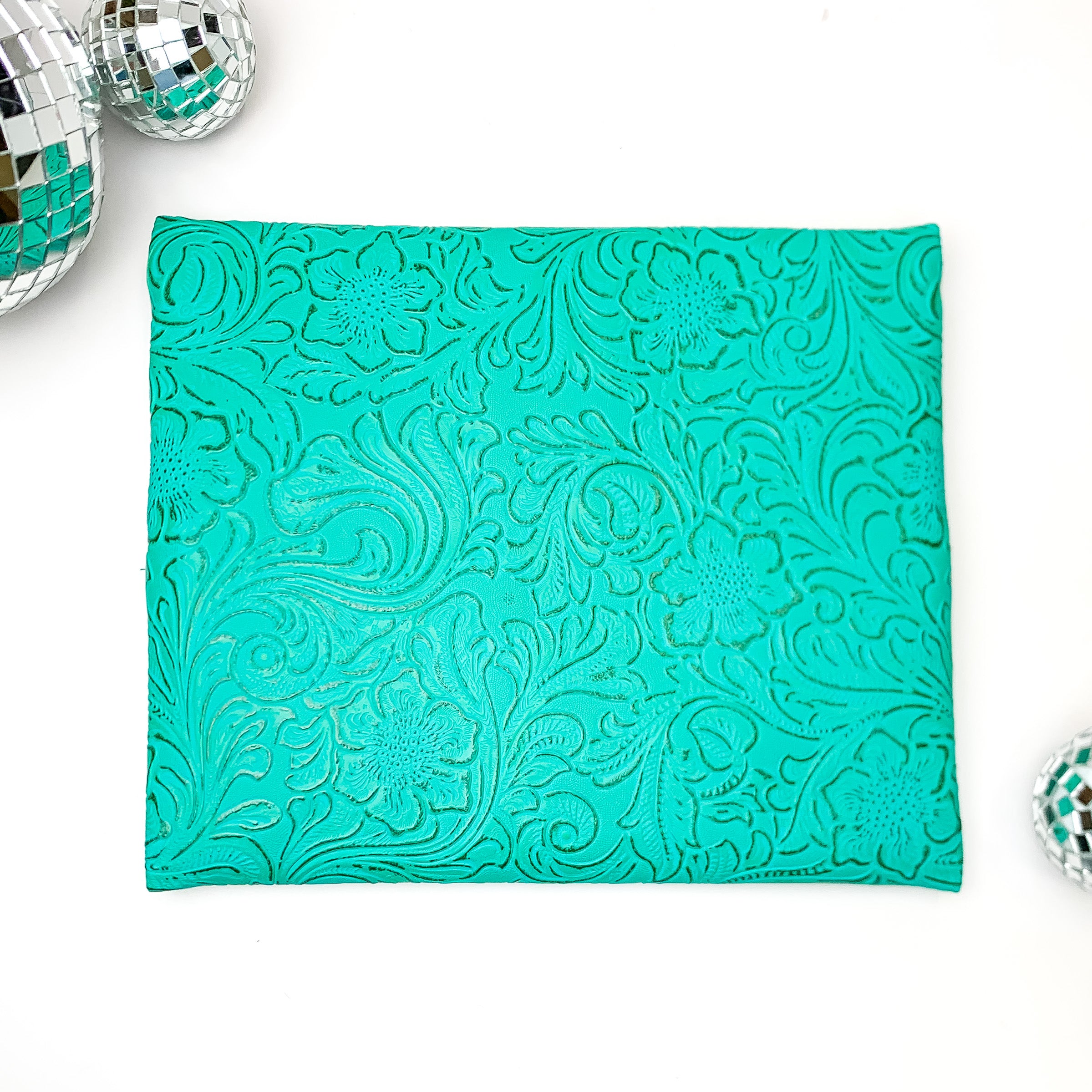 Makeup Junkie | Small Turquoise Dream Lay Flat Bag in Turquoise Green Tooled Print