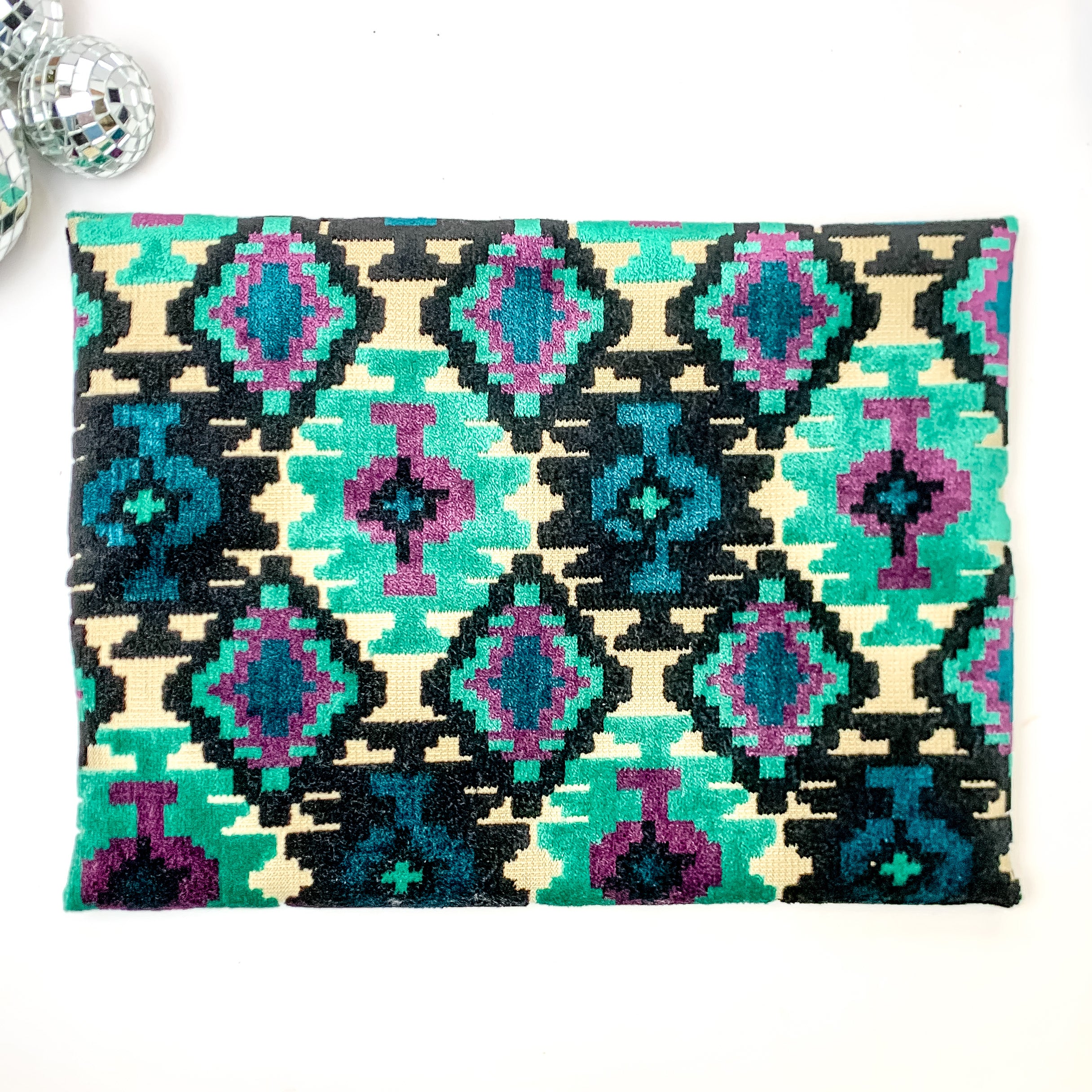 Makeup Junkie | Large Midnight Aztec Lay Flat Bag in Turquoise Green and Black Mix