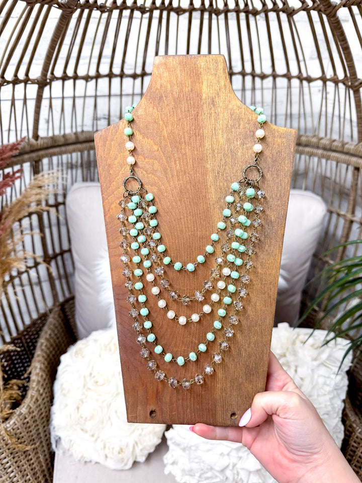 Delicate Drama Five Strand Beaded Statement Necklace with Iridescent Crystal and Pearl Accents in Turquoise Blue