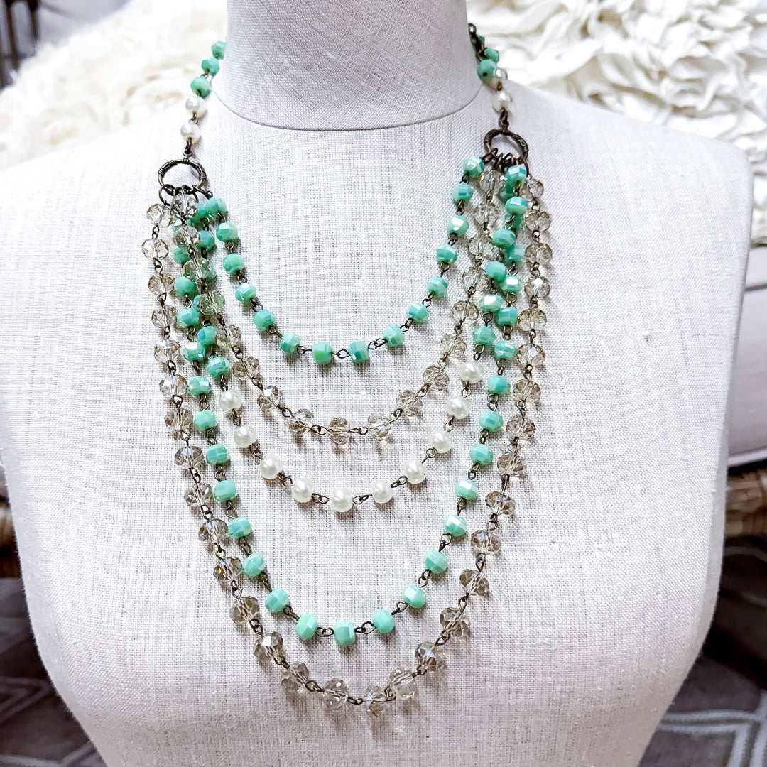 Delicate Drama Five Strand Beaded Statement Necklace with Iridescent Crystal and Pearl Accents in Turquoise Blue