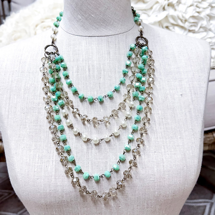 Delicate Drama Five Strand Beaded Statement Necklace with Iridescent Crystal and Pearl Accents in Turquoise Blue