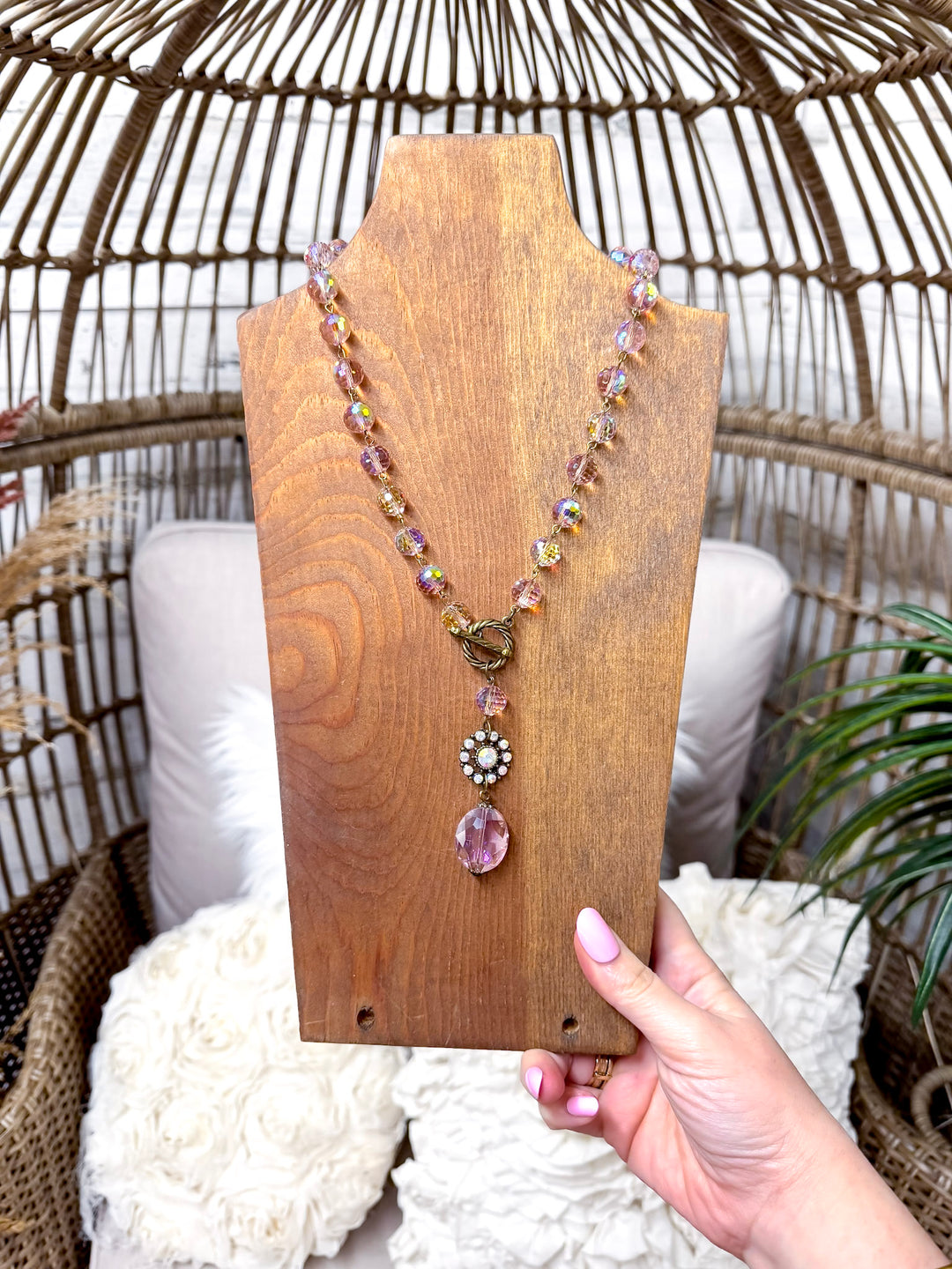 Delicate Delight Hard Wire Beaded Necklace with Faceted Pink Crystal Chain and Ornate Drop Pendant in Blush Pink