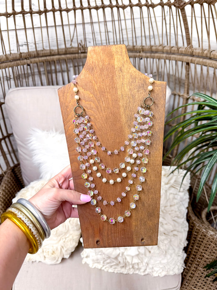 Delicate Drama Five Strand Beaded Statement Necklace with Iridescent Crystal and Pearl Accents in Blush Pink