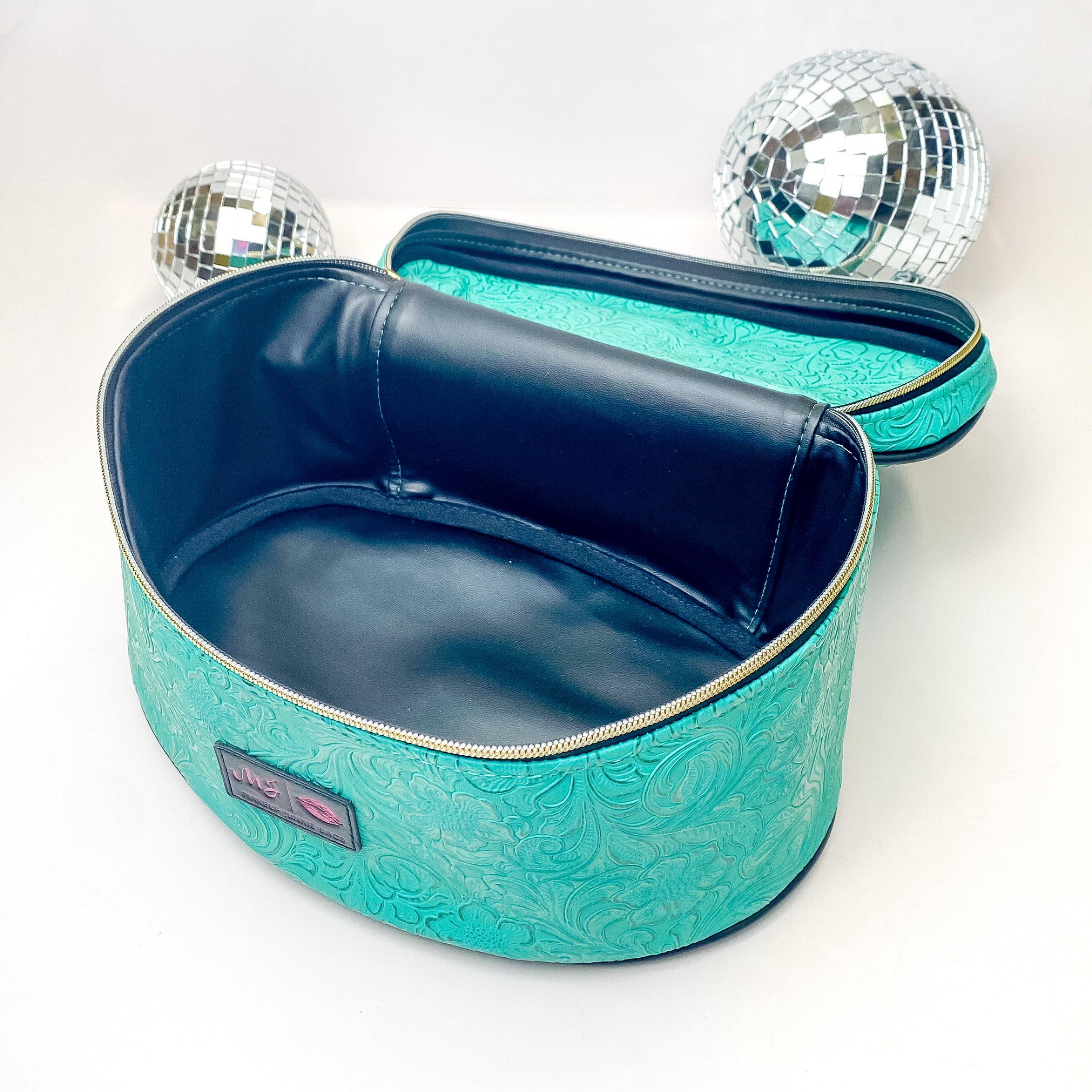 Makeup Junkie | Large Turquoise Dream Train Case in Turquoise Green Tooled Print - Giddy Up Glamour Boutique