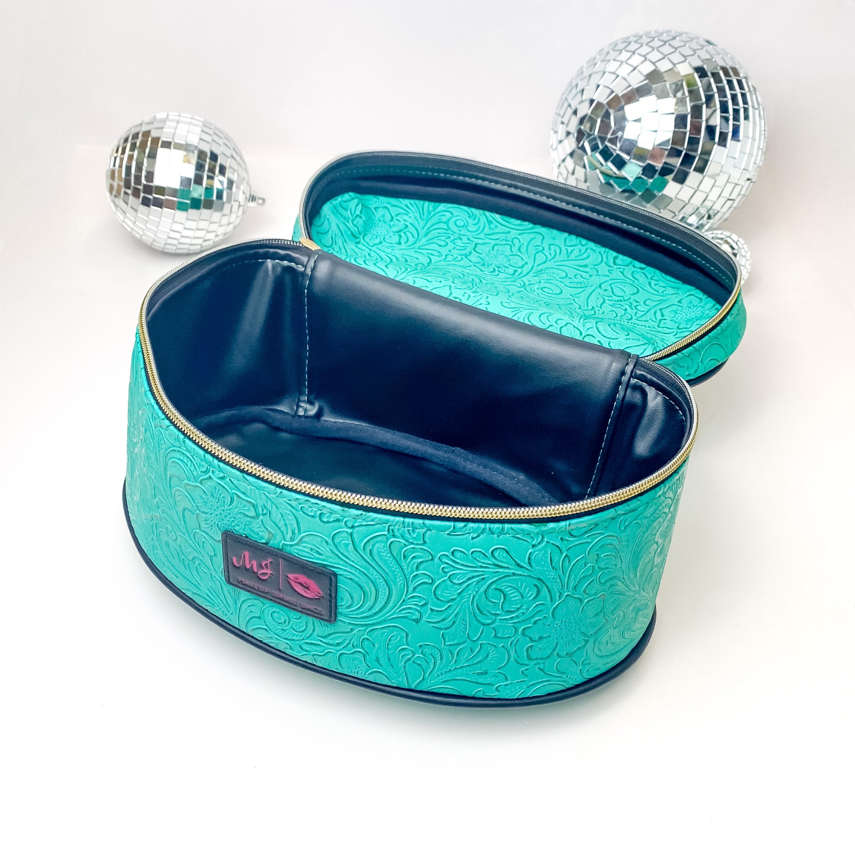 Makeup Junkie | Medium Turquoise Dream Train Case in Turquoise Green Tooled Print - Giddy Up Glamour Boutique