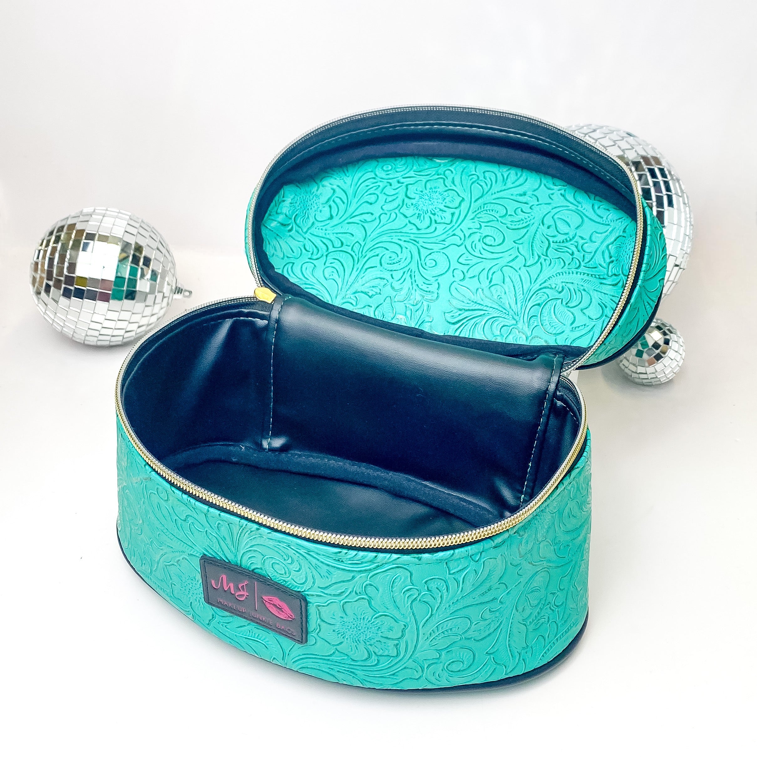 Makeup Junkie | Small Turquoise Dream Train Case in Turquoise Green Tooled Print - Giddy Up Glamour Boutique