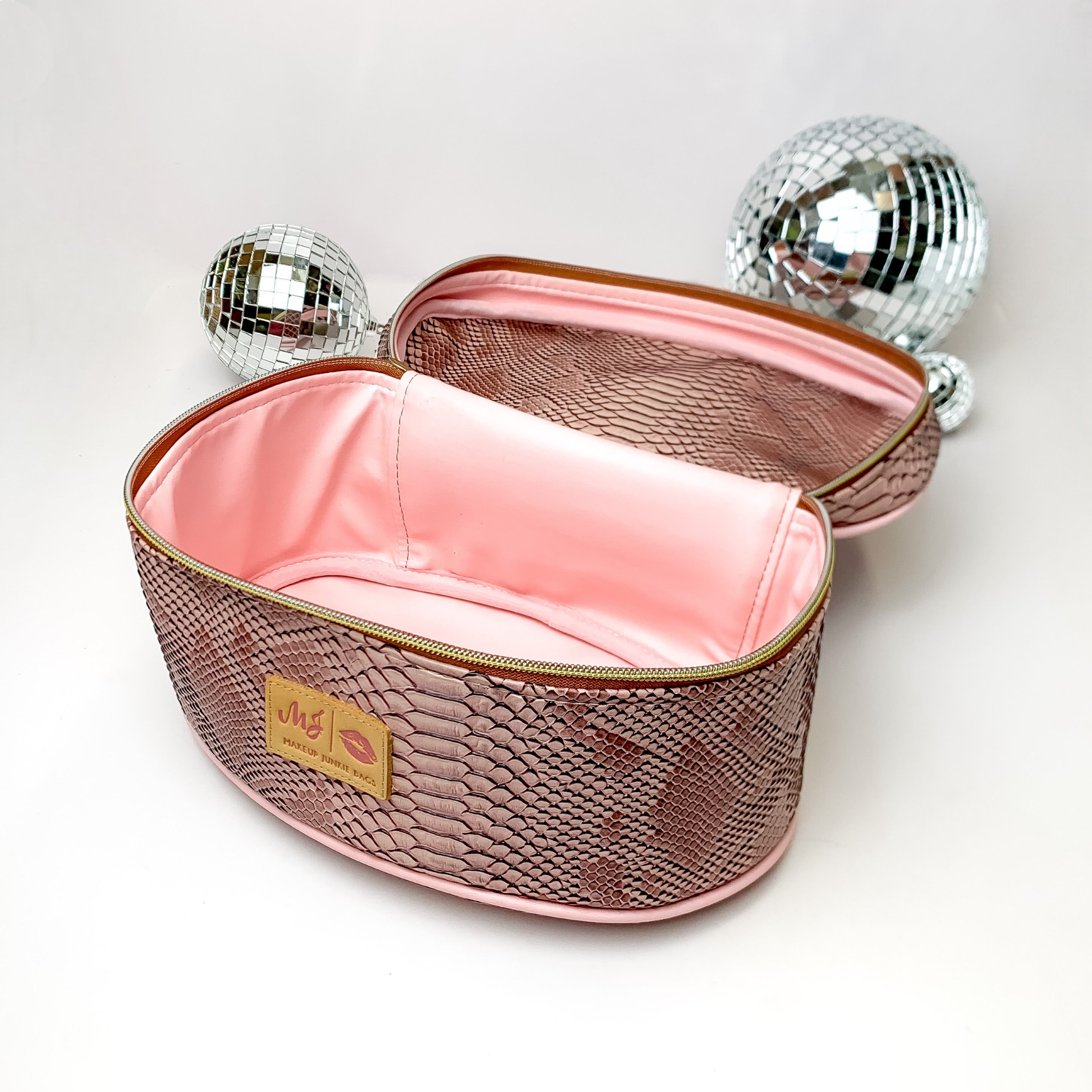 Makeup Junkie | Medium Copperazzi Train Case in Dusty Pink Snake Print - Giddy Up Glamour Boutique