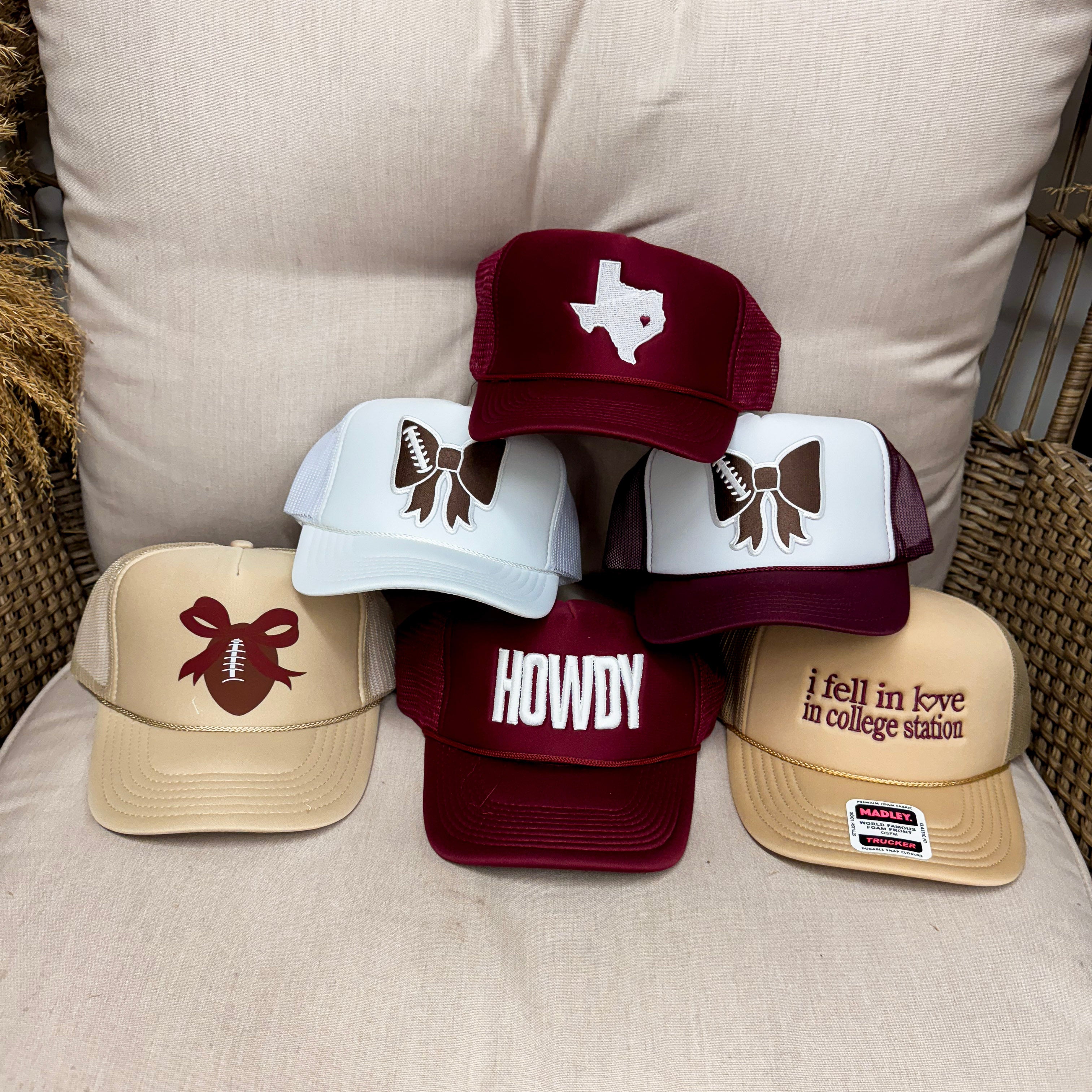 Texas Home Of The Aggies Trucker Hat in Khaki and Maroon