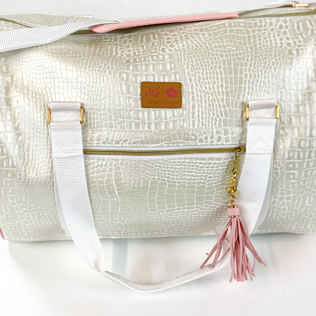 Makeup Junkie | Shade of Pearl Duffel Bag in Pearl White Croc Print - Giddy Up Glamour Boutique