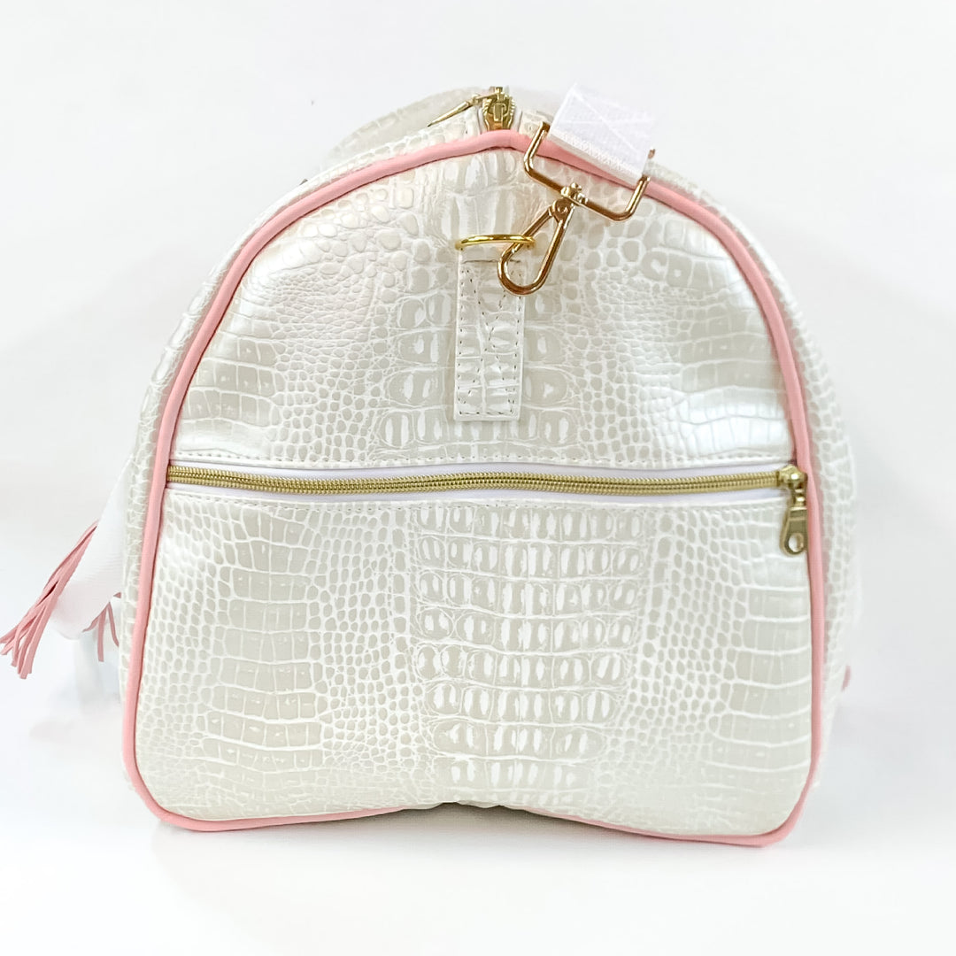 Makeup Junkie | Shade of Pearl Duffel Bag in Pearl White Croc Print - Giddy Up Glamour Boutique