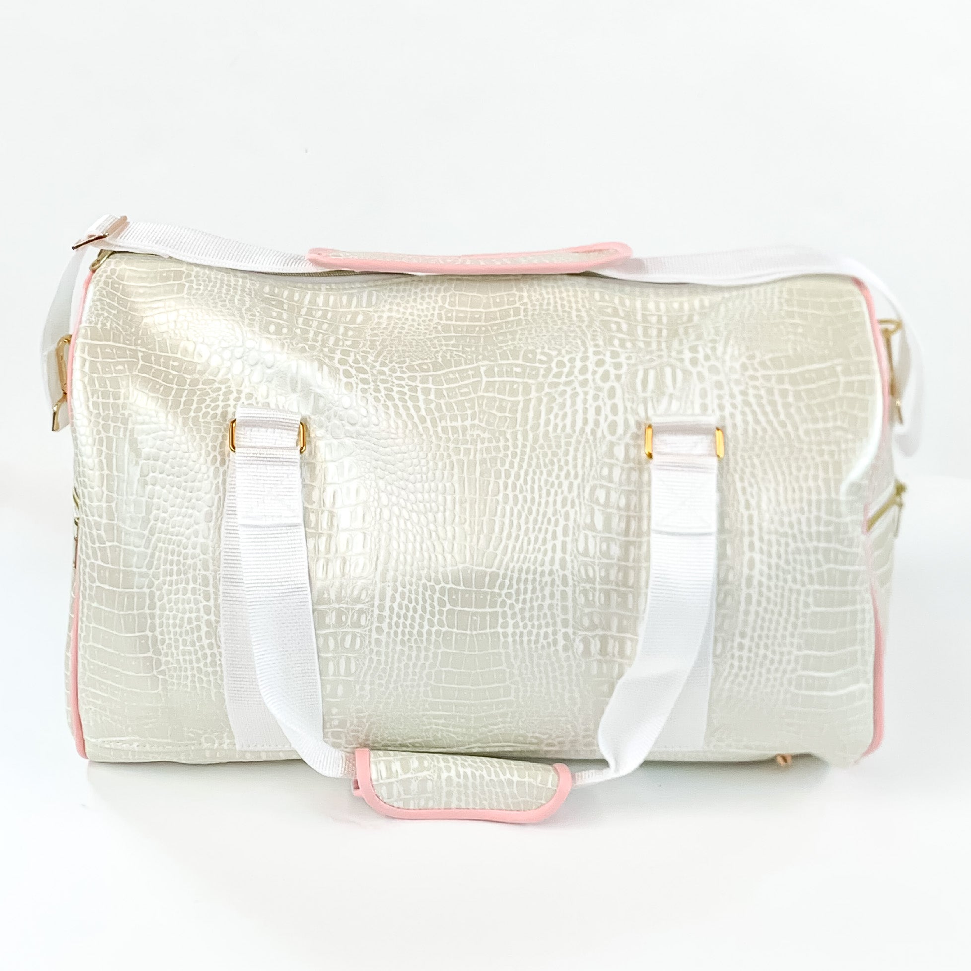 Makeup Junkie | Shade of Pearl Duffel Bag in Pearl White Croc Print - Giddy Up Glamour Boutique