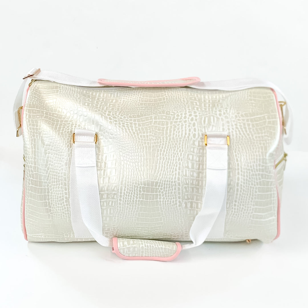 Makeup Junkie | Shade of Pearl Duffel Bag in Pearl White Croc Print - Giddy Up Glamour Boutique