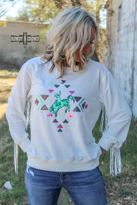 Online Exclusive | Casanova Sequin Fringe Long Sleeve Sweater in White - Giddy Up Glamour Boutique