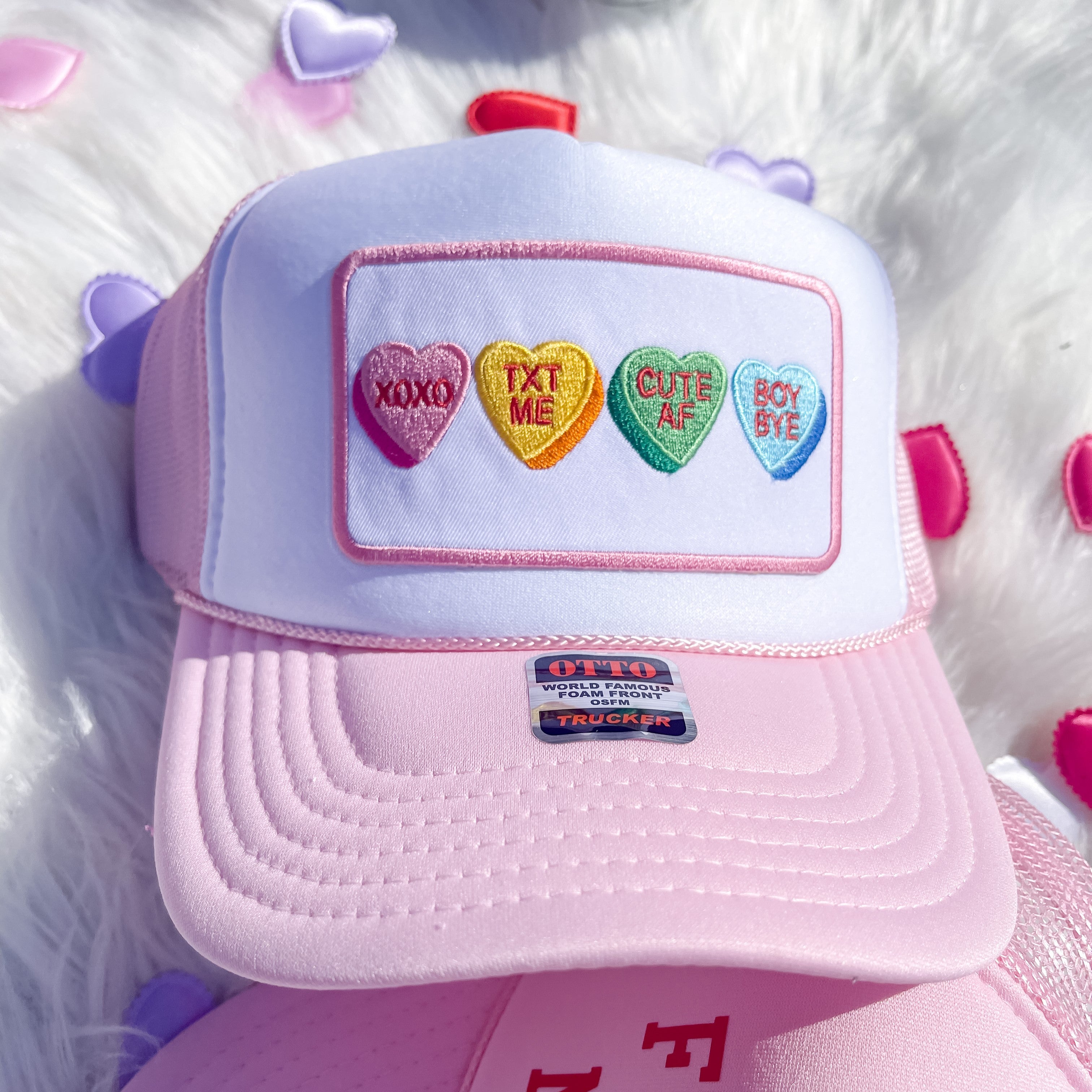 Conversation Hearts Foam Trucker Hat in Light Pink and White - Giddy Up Glamour Boutique