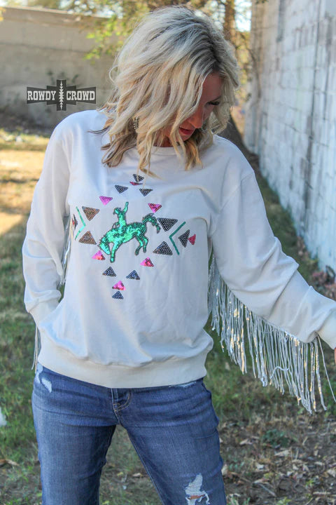 Online Exclusive | Casanova Sequin Fringe Long Sleeve Sweater in White - Giddy Up Glamour Boutique