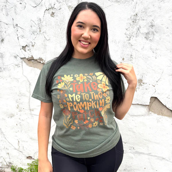 Online Exclusive | Take Me To The Pumpkin Patch Graphic on Short Sleeve Comfort Color Tee in Moss Green