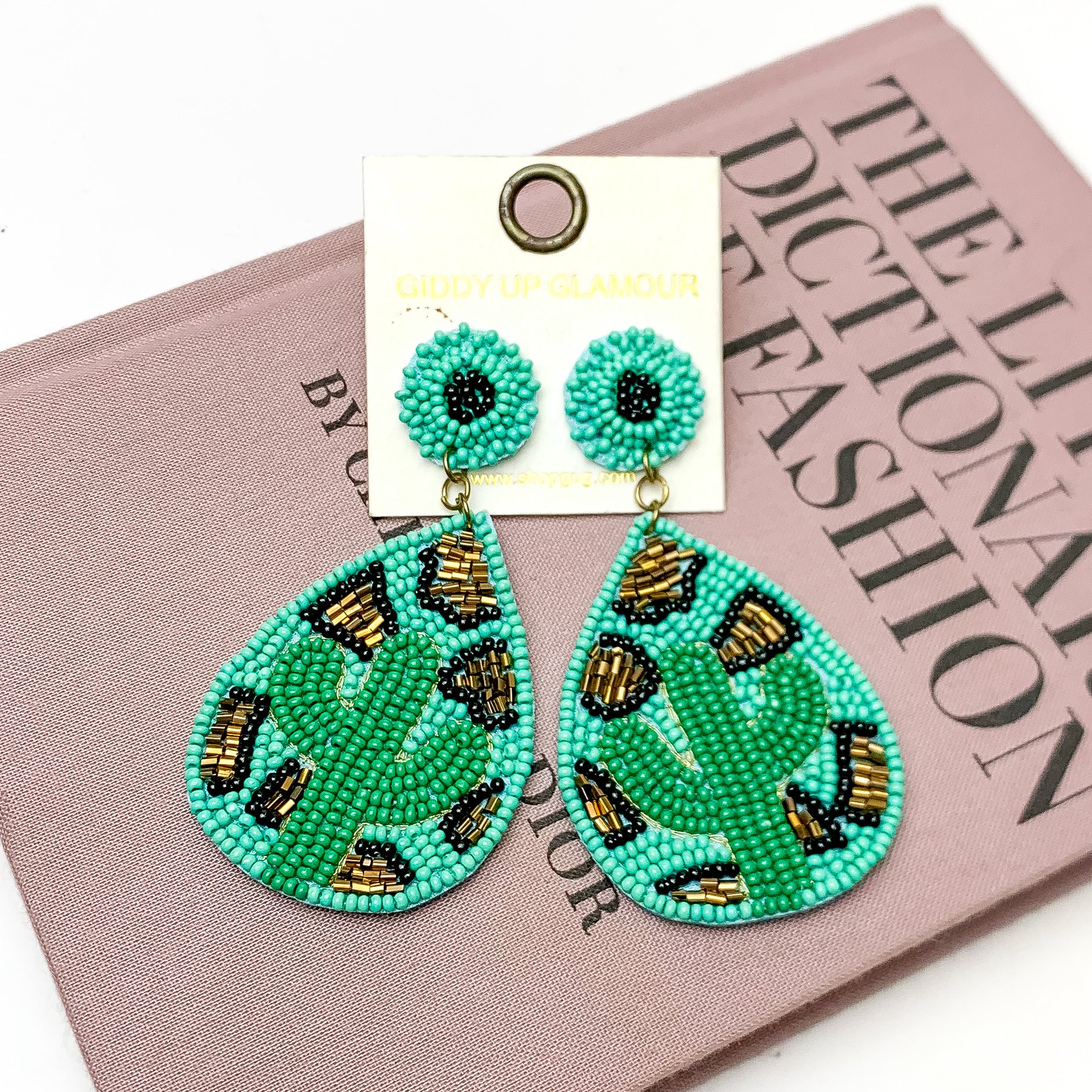Cactus and Leopard Print Seed Bead Teardrop Earrings In Turquoise Green and Green - Giddy Up Glamour Boutique