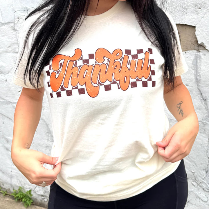 Online Exclusive | Retro Checkered Thankful Graphic on Short Sleeve Tee in Natural Cream
