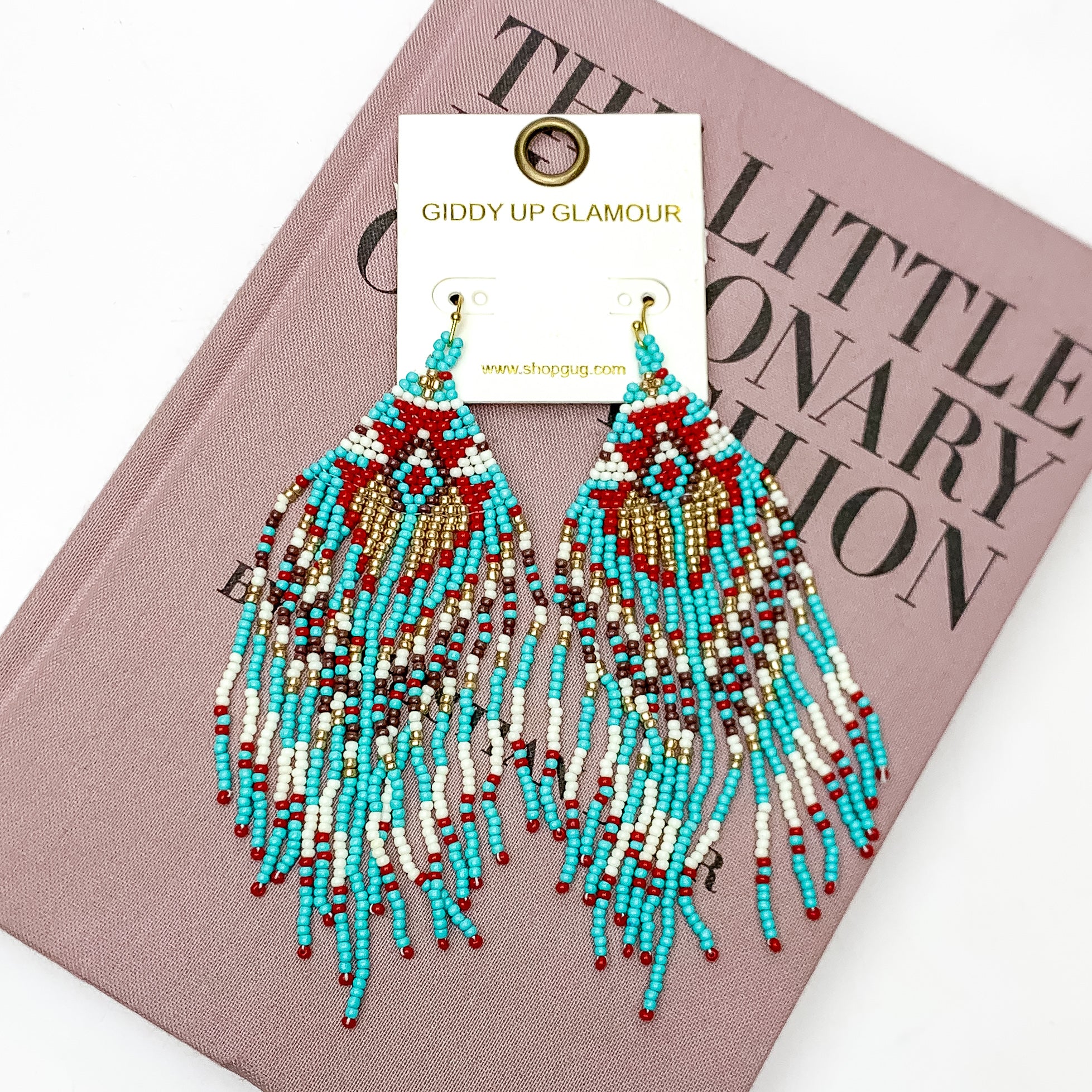 Upbeat Days Seed Bead Aztec Earrings with Beaded Fringe in Turquoise Multicolor - Giddy Up Glamour Boutique