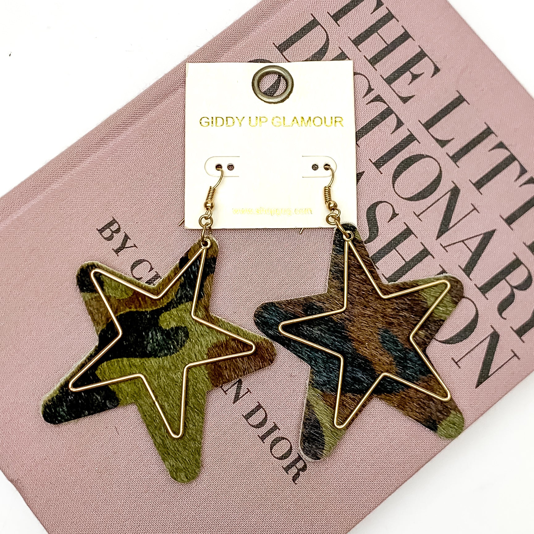Star Shaped Earrings with Gold Tone Wire Overlay in Camouflage Print - Giddy Up Glamour Boutique