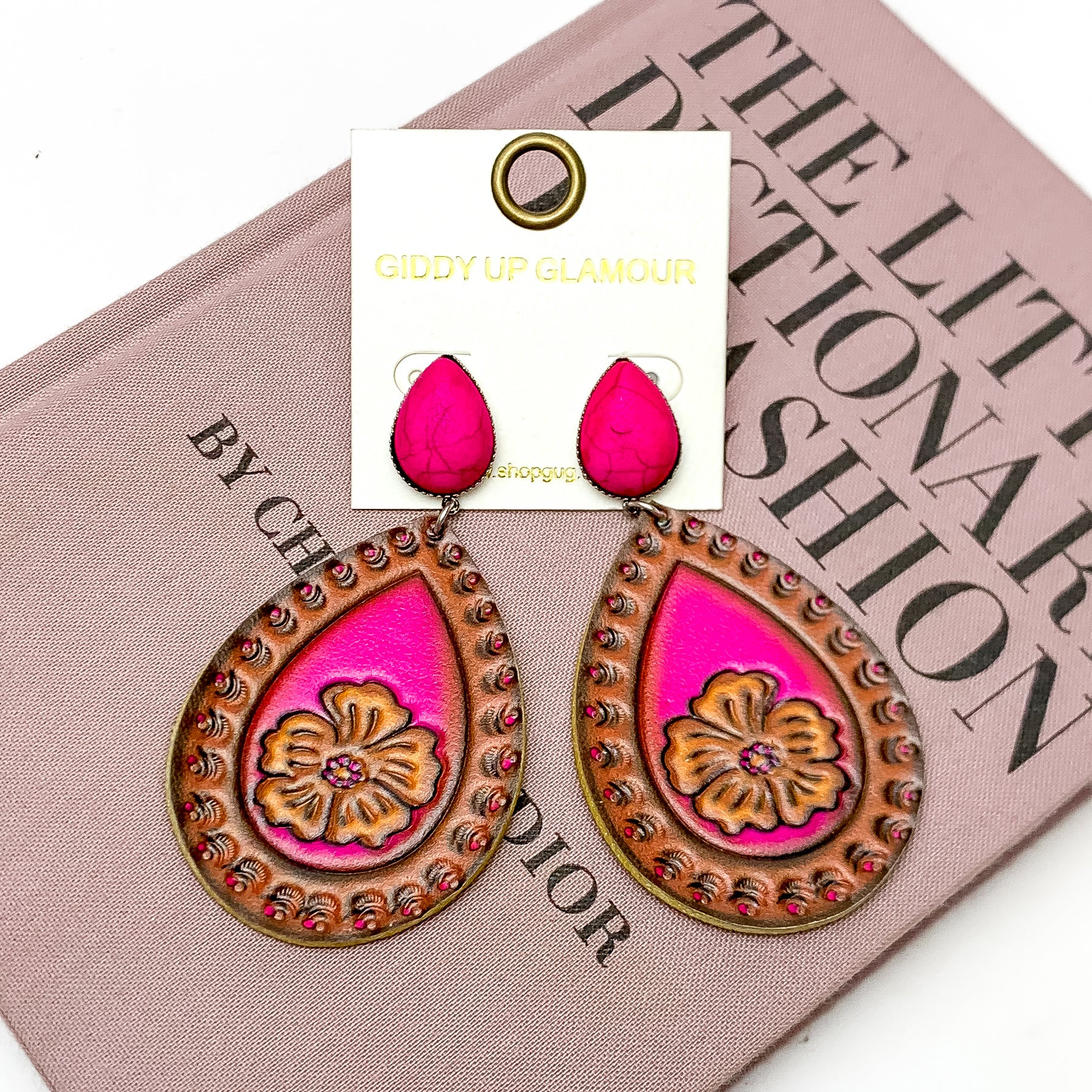 Stone Post Earrings with Flower Tooled Brown Leather Teardrop in Hot Pink - Giddy Up Glamour Boutique
