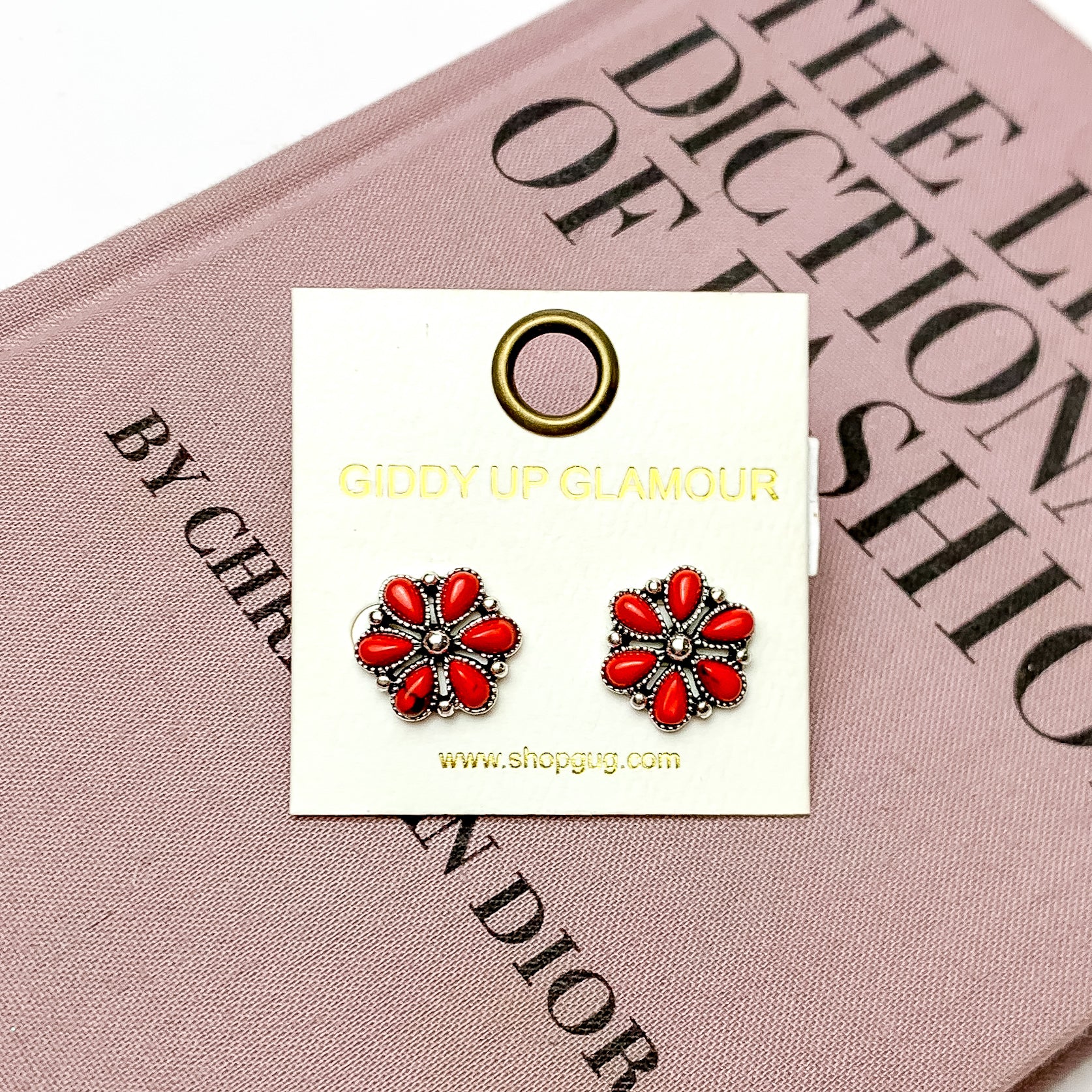 Flower Post Earrings with Faux Red Stones in Silver Tone - Giddy Up Glamour Boutique