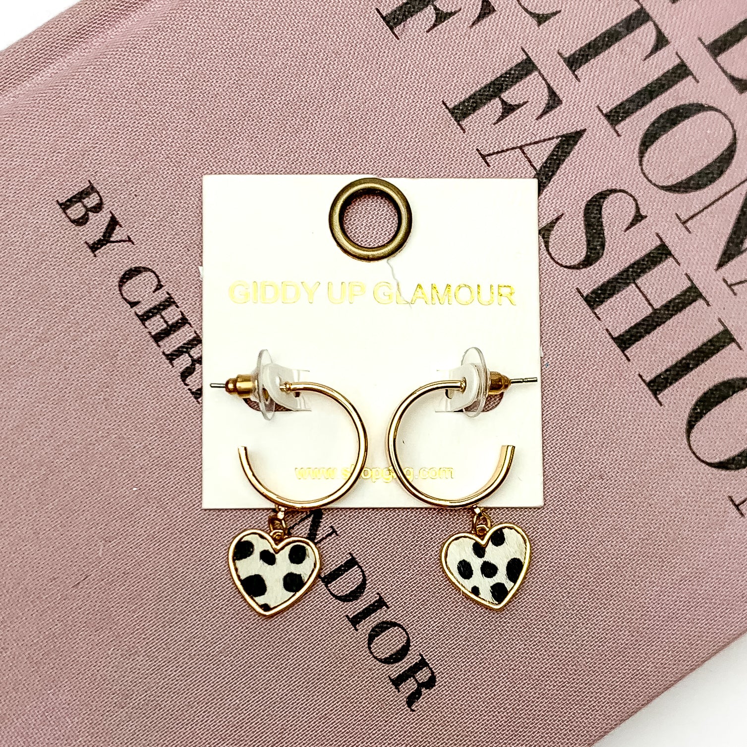 Gold Tone Hoop Earrings with Heart Dangle in White Dotted Print - Giddy Up Glamour Boutique